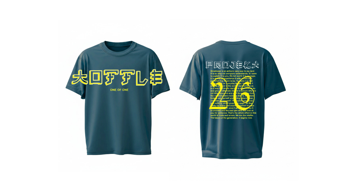 Toffle x Projekt Street T-shirt front with Japanese Katakana print ocean blue
