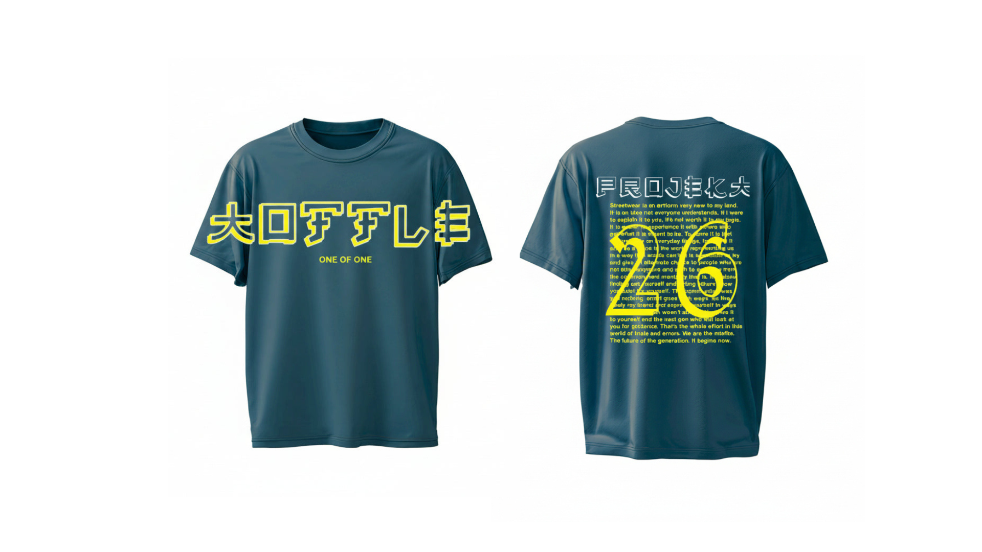Toffle x Projekt Street T-shirt front with Japanese Katakana print ocean blue