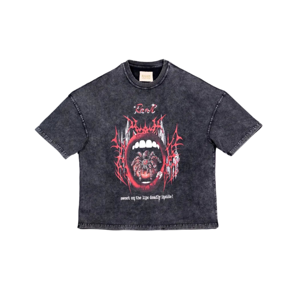A dark gray acid-wash short-sleeve t-shirt featuring a graphic print of a screaming mouth with red and white details and the text 'Rarl' and 'sweet on the lip densely insane!' on a plain white background.
