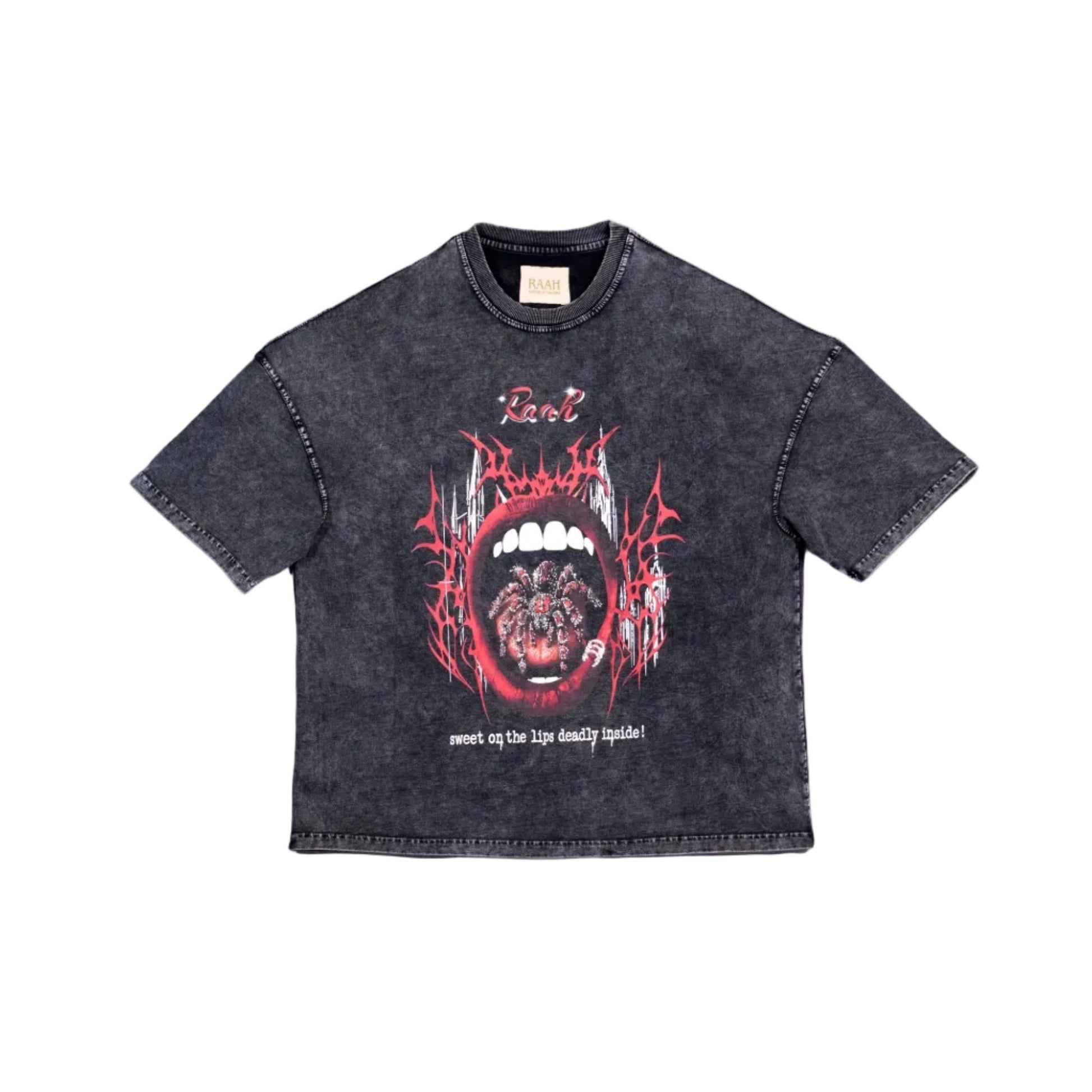 A dark gray acid-wash short-sleeve t-shirt featuring a graphic print of a screaming mouth with red and white details and the text 'Rarl' and 'sweet on the lip densely insane!' on a plain white background.