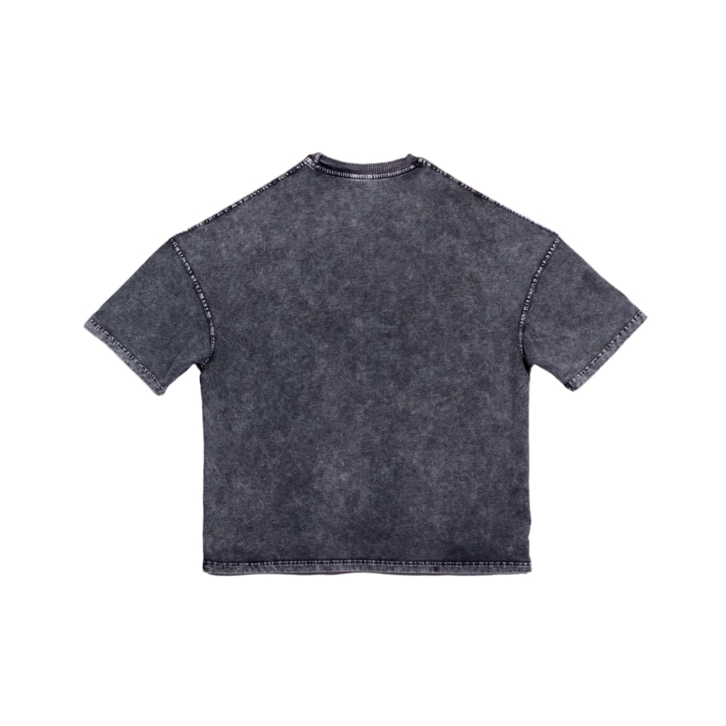 A short-sleeve crewneck t-shirt in a washed, faded charcoal gray color, shown from the back against a plain white background.