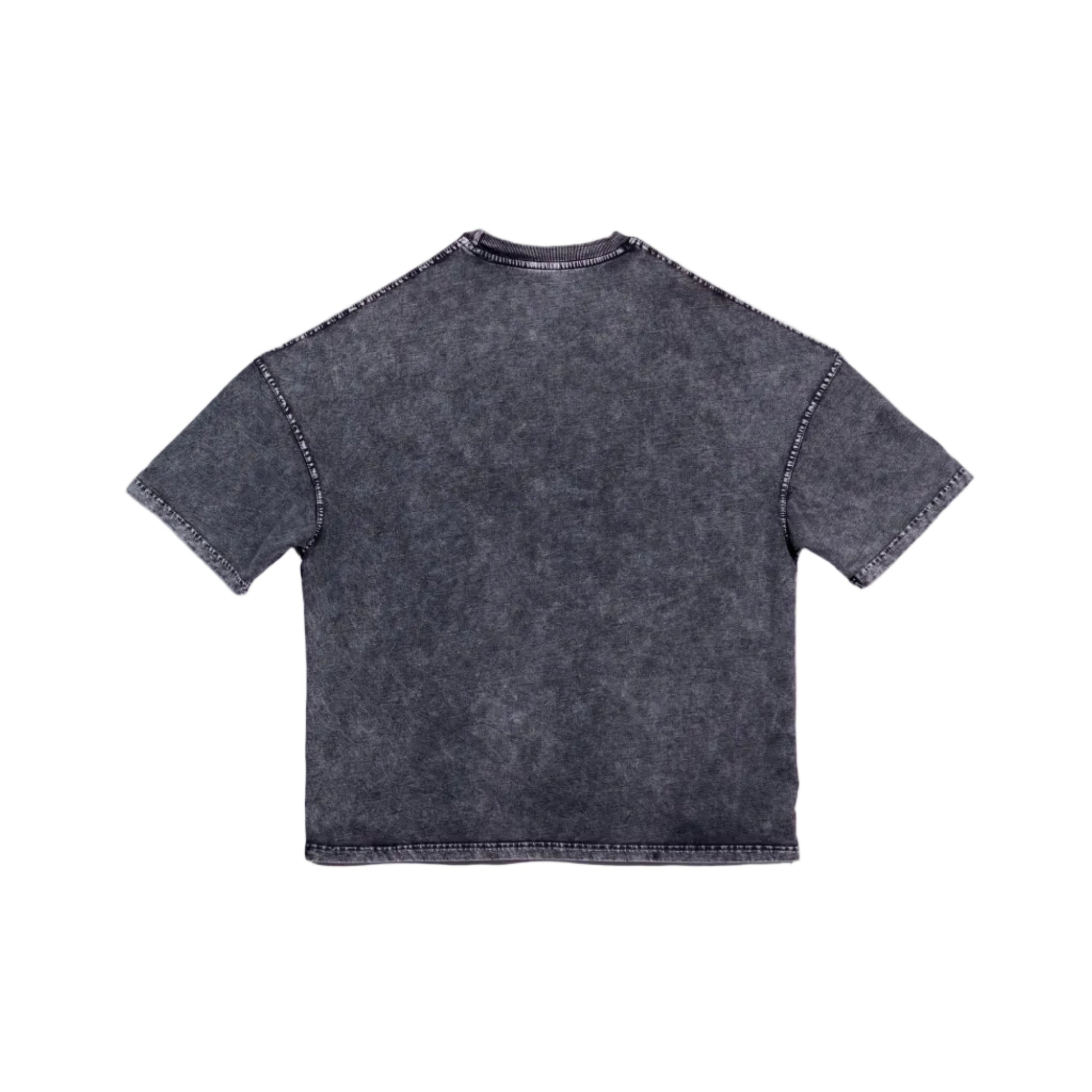 A short-sleeve crewneck t-shirt in a washed, faded charcoal gray color, shown from the back against a plain white background.