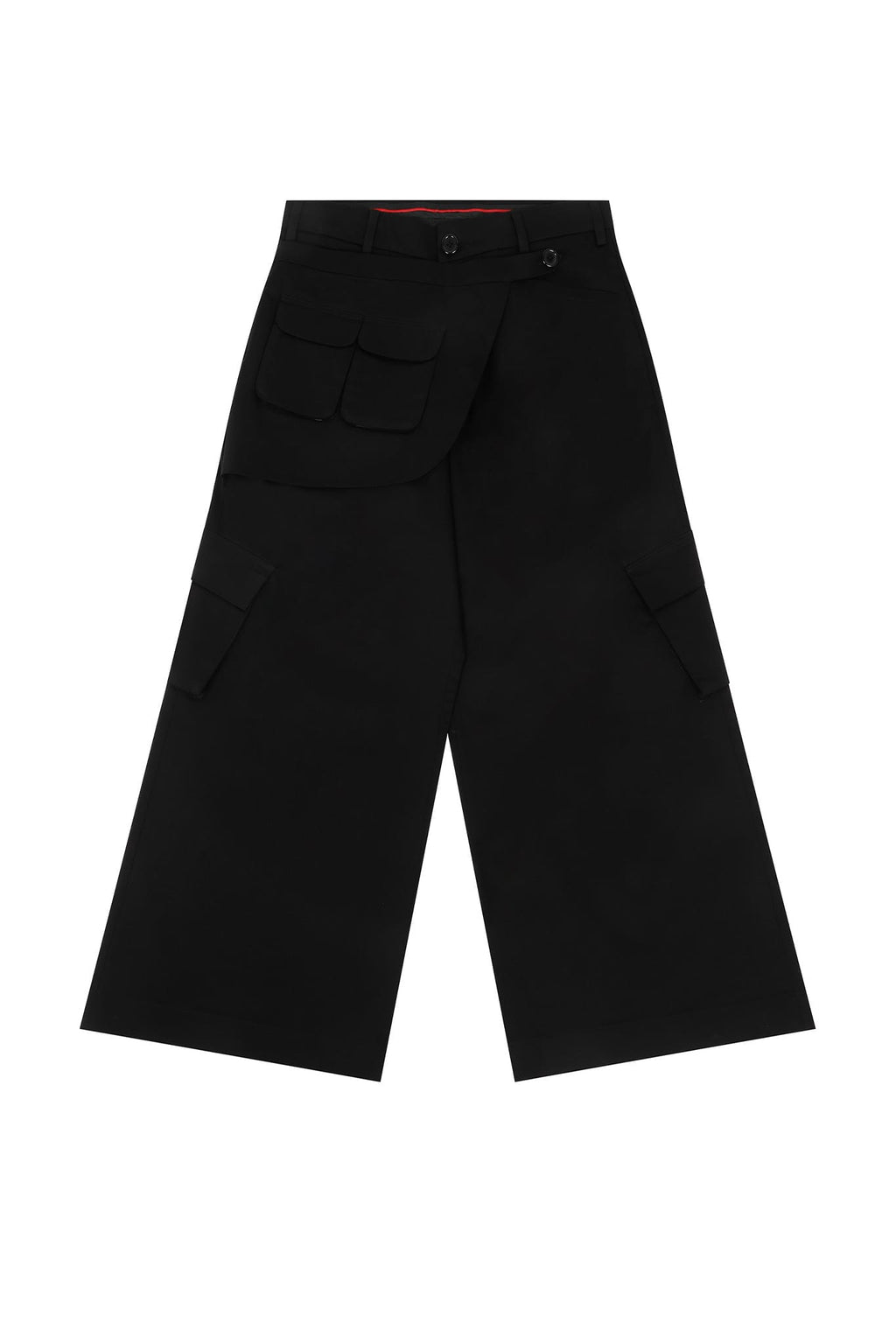 Black wide-leg cropped pants with cargo pockets, displayed flat against a solid white background.