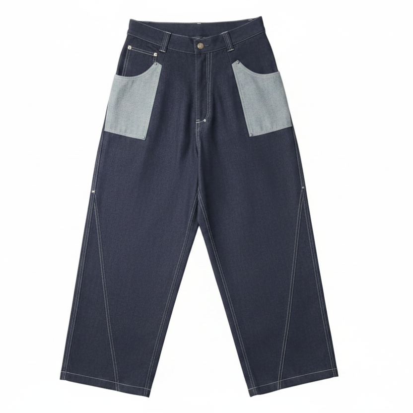 Dark indigo denim work pants with contrasting light gray patch pockets and white contrast stitching, laid flat on a white background.