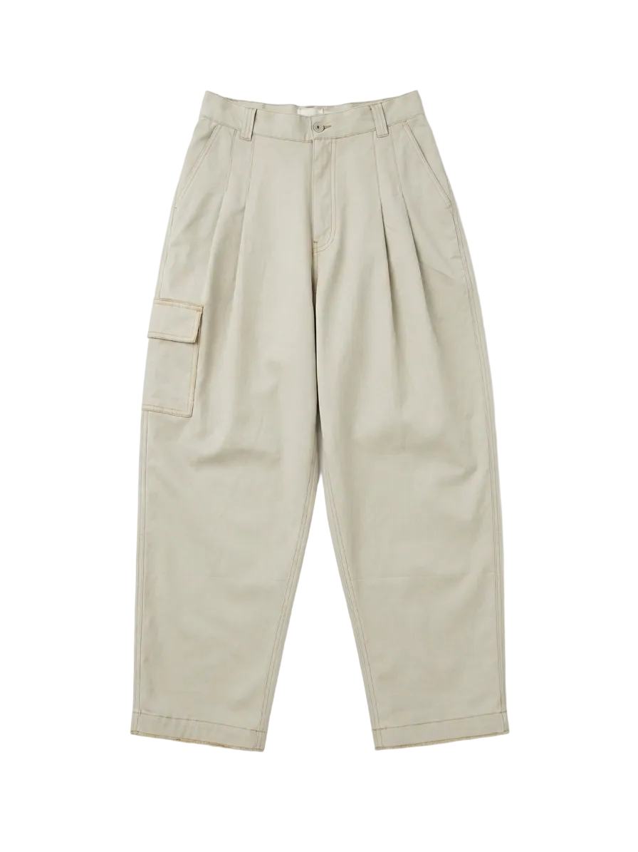 A pair of light beige pleated cargo pants with a relaxed, tapered leg and a side cargo pocket, laid flat against a white background.
