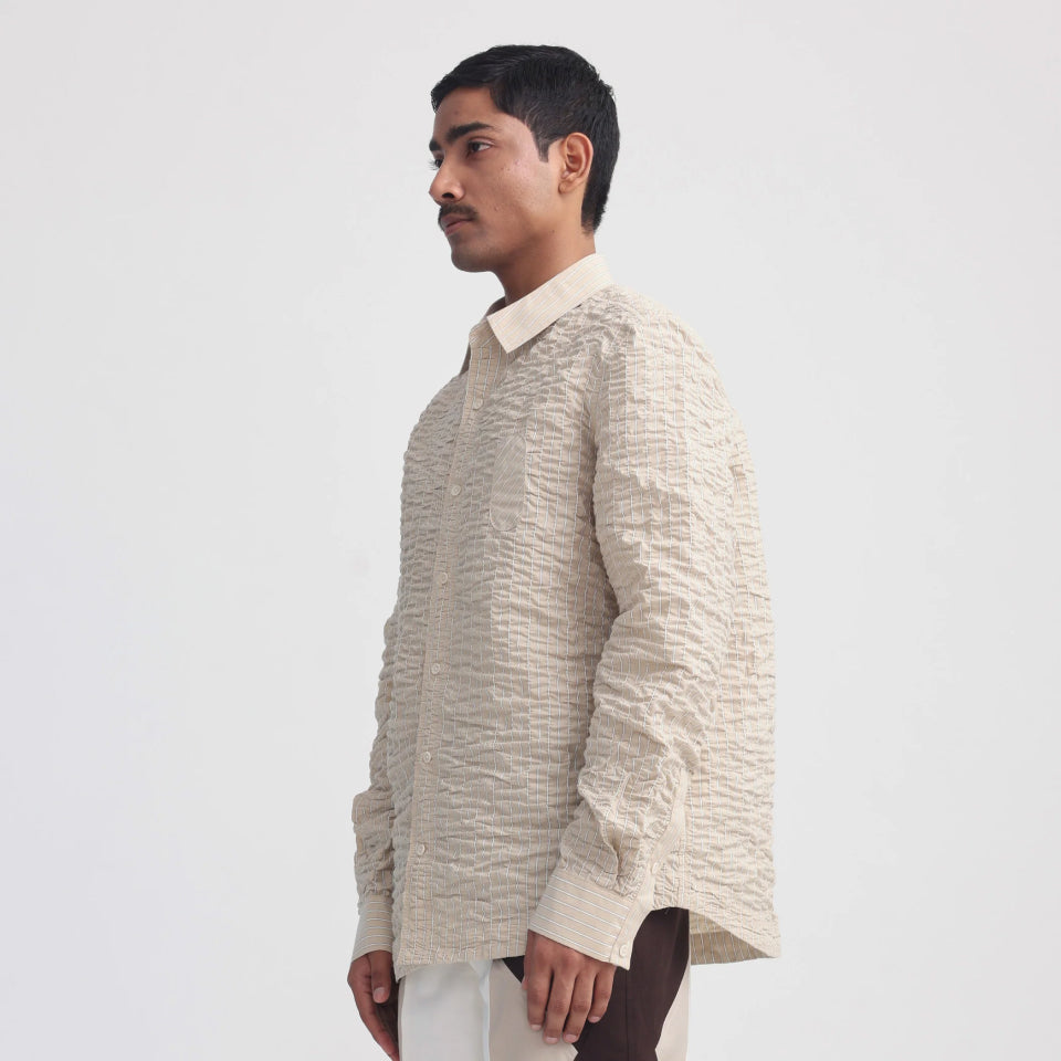 Projekt Street Actin Wrinkled Stripe Shirt - Beige, 100% cotton with hand-stitched wrinkles.