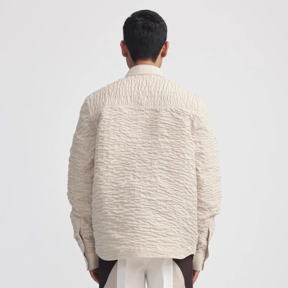 Oxford collar detail on the Projekt Street Actin Wrinkled Stripe Shirt - Beige.