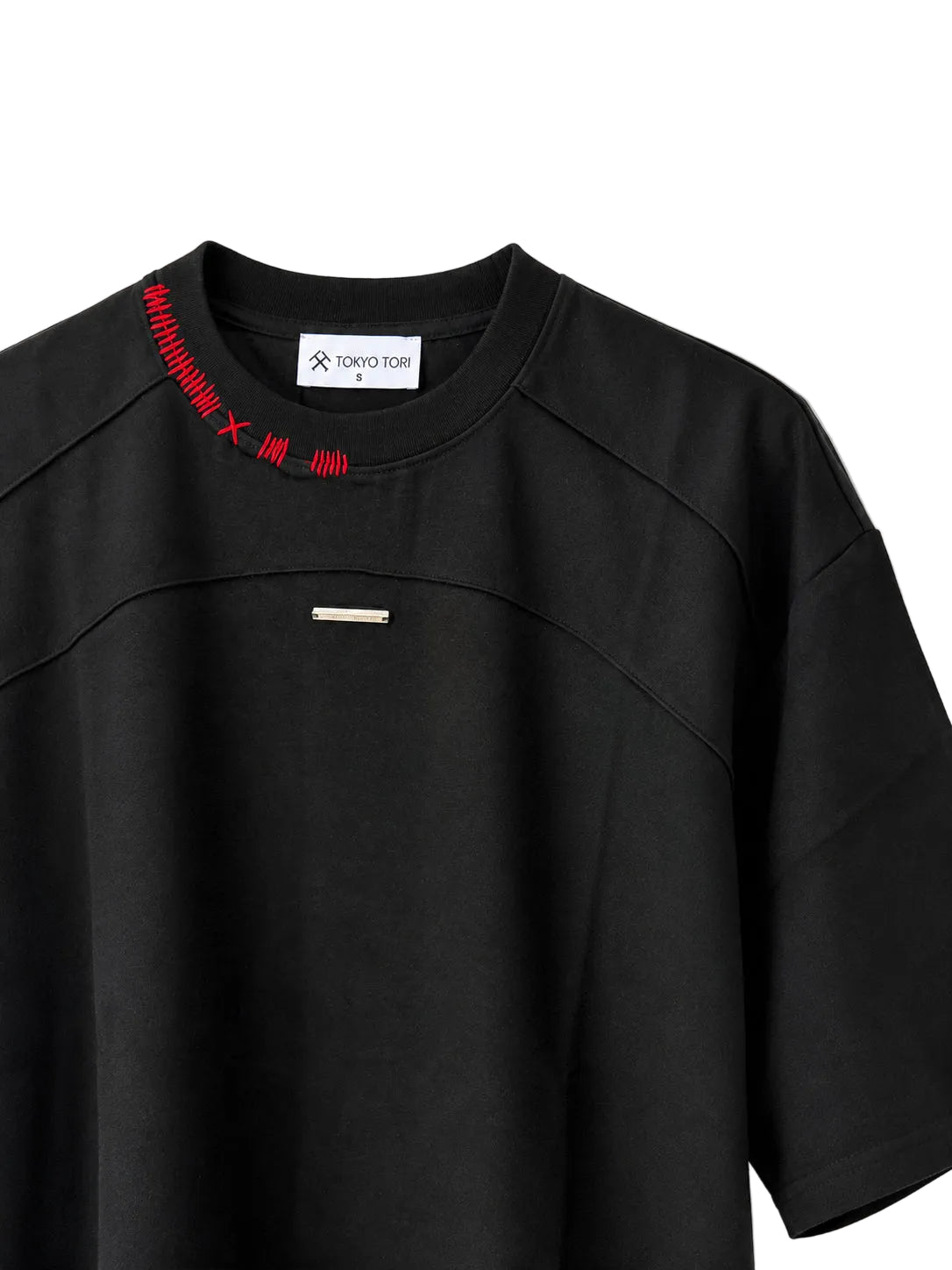 Black sweatshirt with red accents on a white background