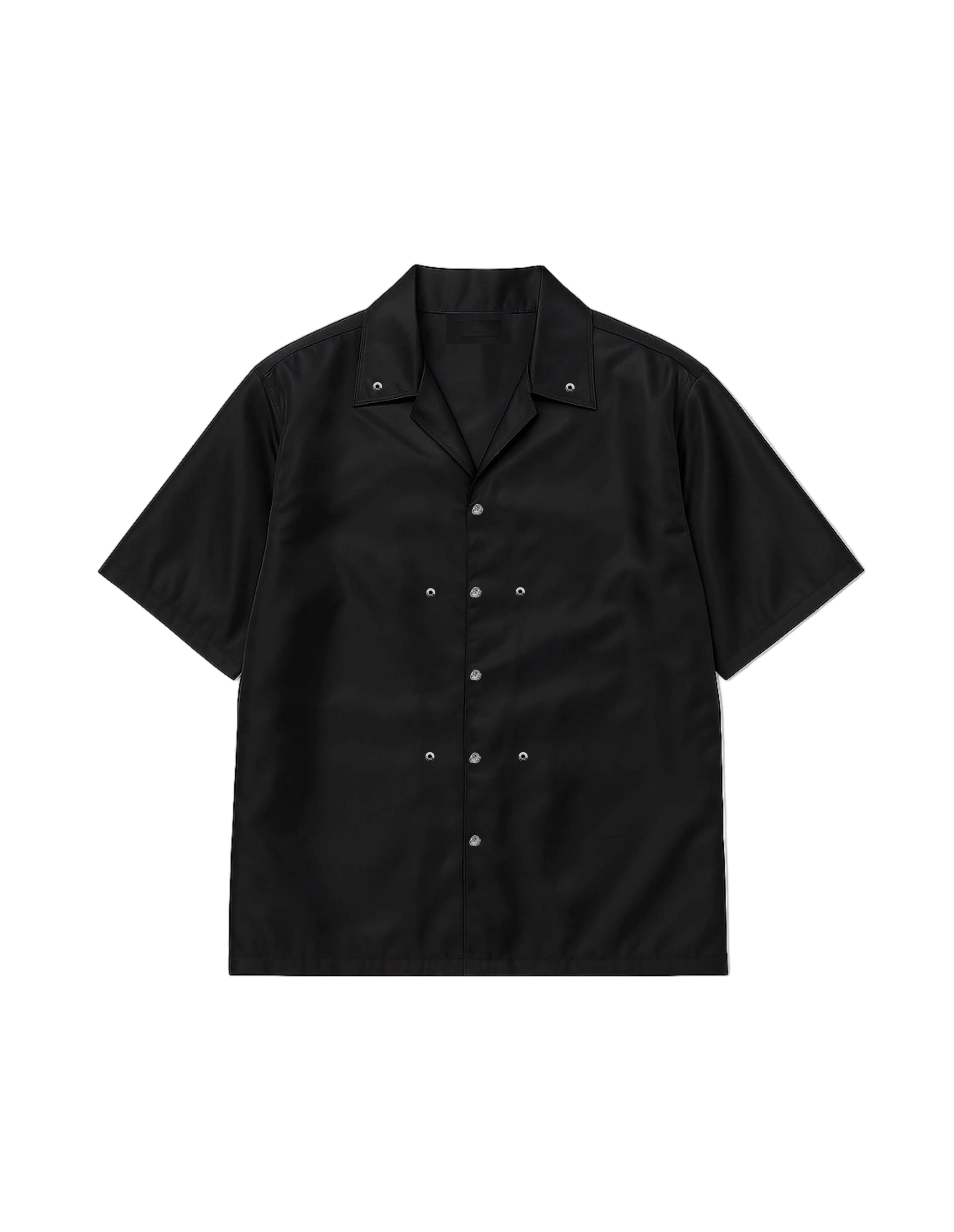 A black short-sleeve camp collar button-up shirt with silver snap-button details on the collar and front, displayed flat against a light gray background.