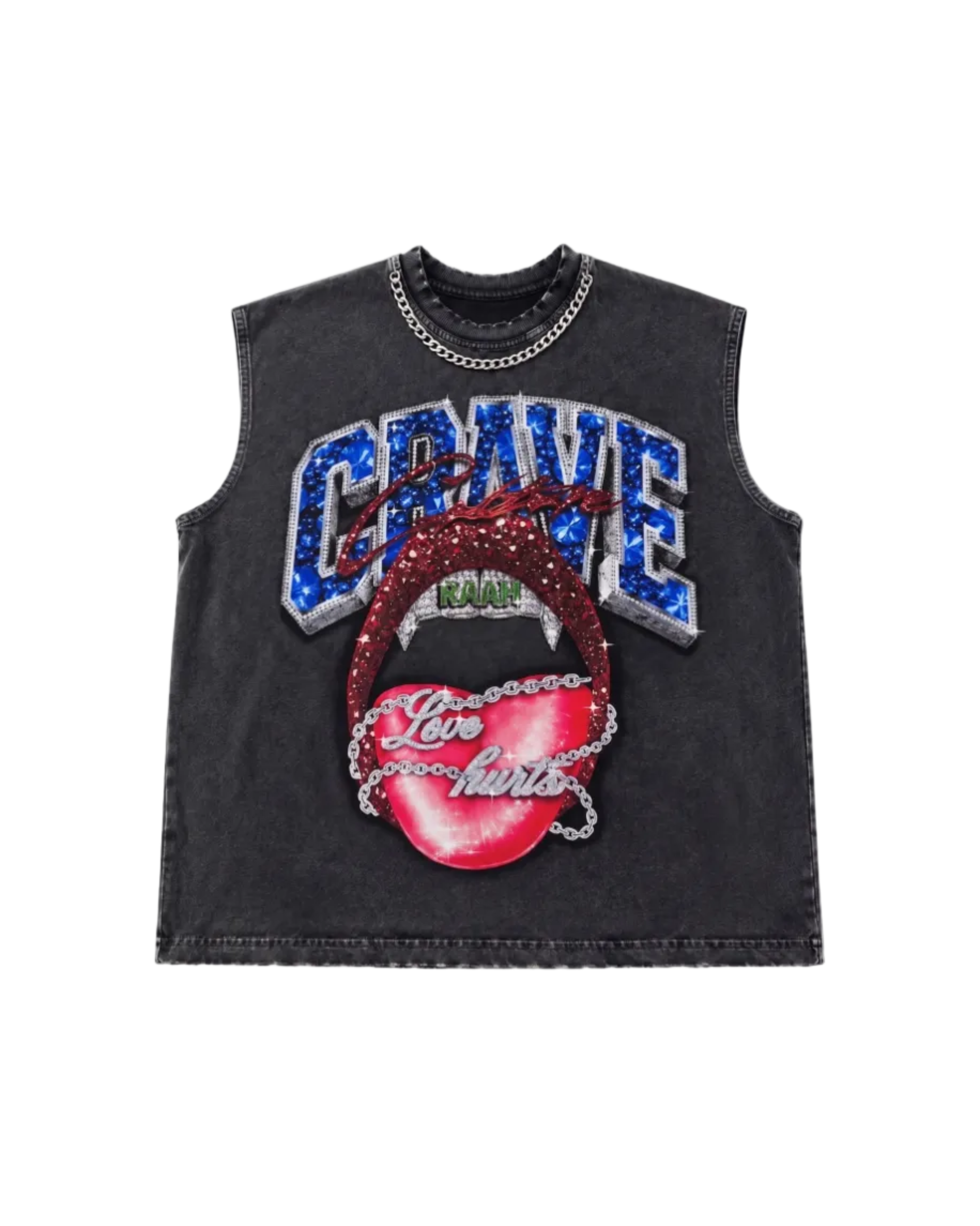 A sleeveless black washed tank top featuring a graphic design with the word 'GRAVE' in blue rhinestones, a red sequined mouth, and a red heart with 'Love hurts' in white script, displayed on a clean white background.