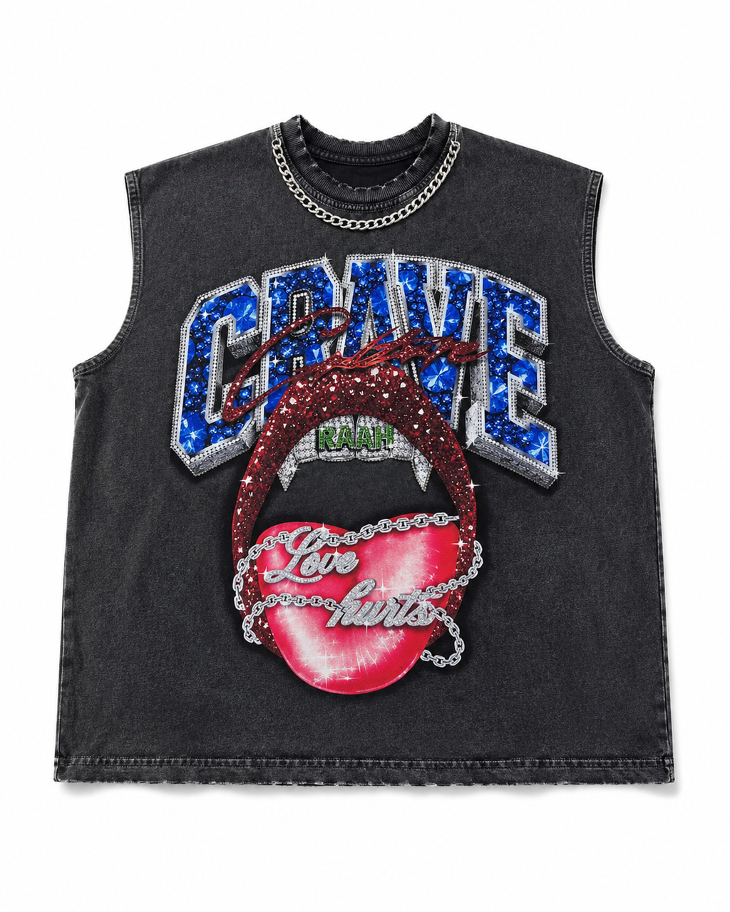 A sleeveless black washed denim tank top featuring a large front graphic with the word 'GRAVE' in blue rhinestones, a red glittery mouth, and a red heart with 'Love hurts' in silver script.