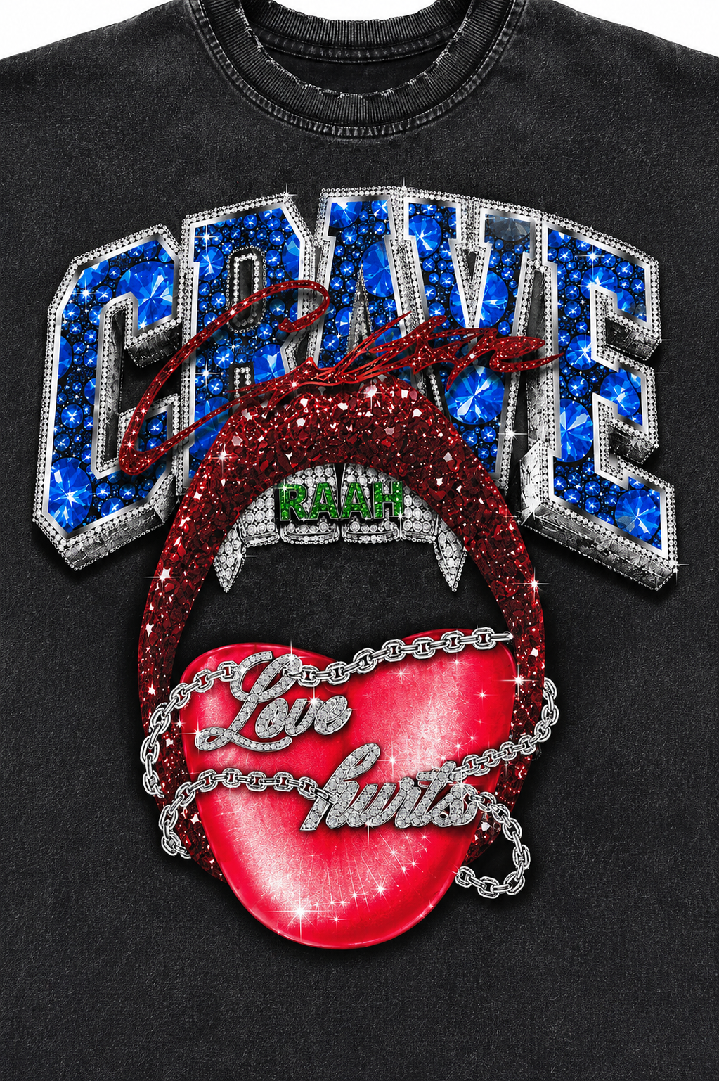 Close-up of a black graphic T-shirt featuring a large rhinestone-style 'CRAVE' text across the chest, a red lips graphic with silver chain details, and a red heart with 'Love hurts' in silver script.