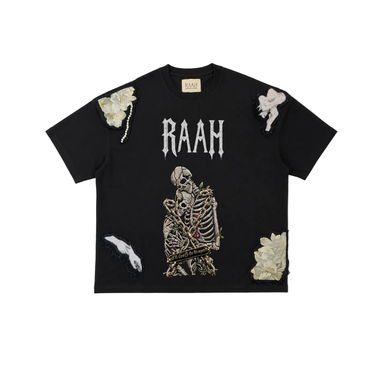 A black short-sleeve t-shirt with a distressed, ripped design. The front features a large white 'RAAH' logo above a detailed skeleton graphic holding a bouquet of white flowers.