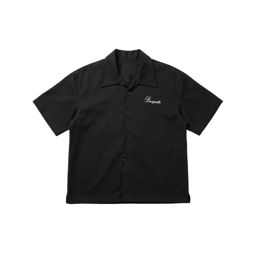 Black short-sleeve shirt with a brand logo on a white background
