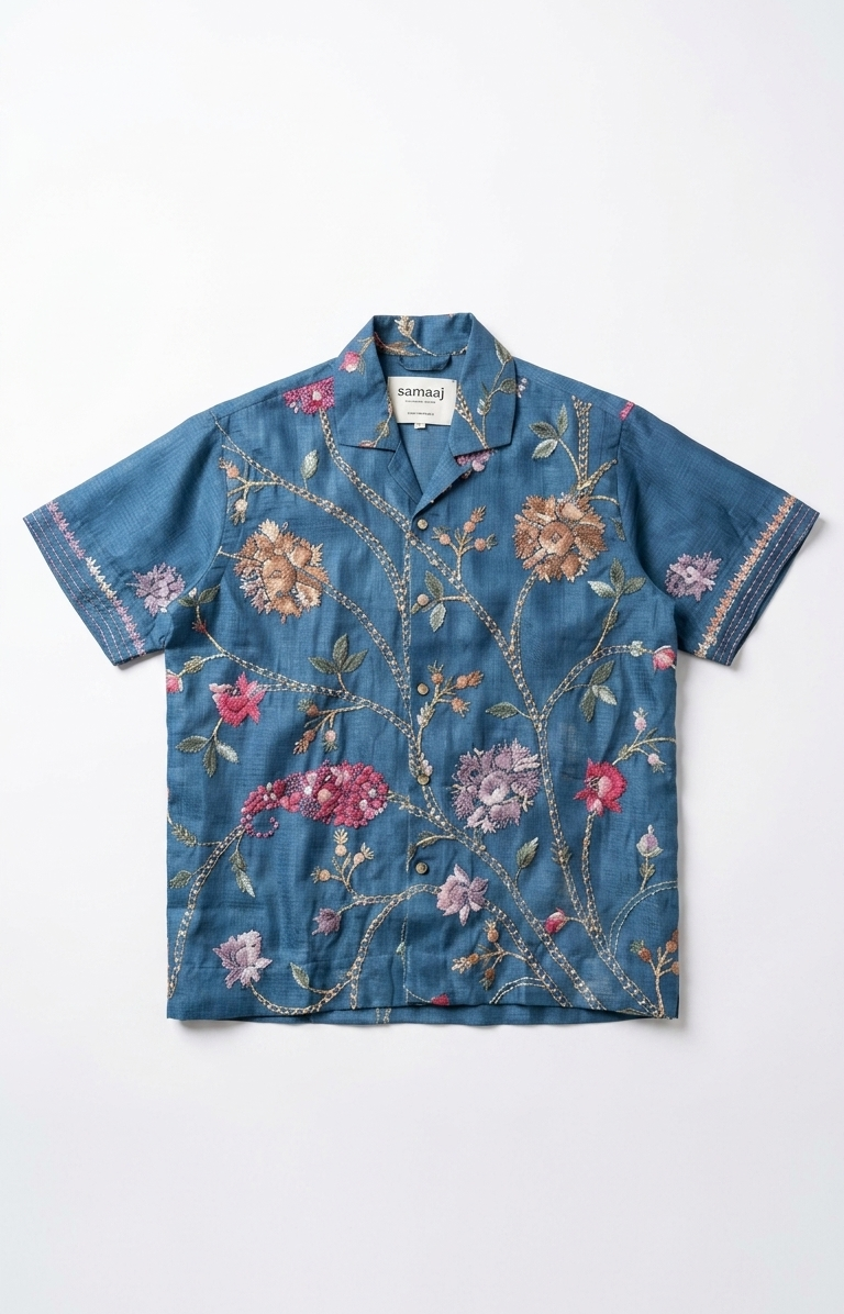 Blue floral embroidered shirt on a white background