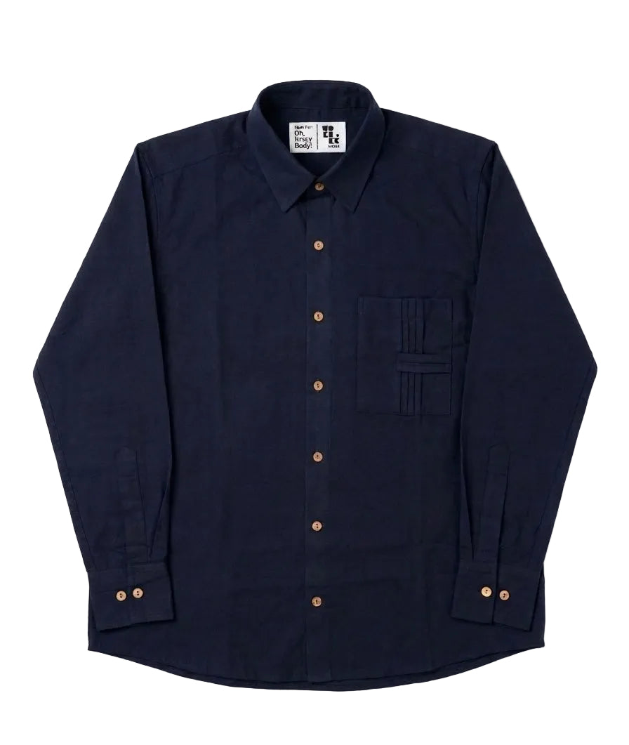 A dark navy blue long-sleeve button-up shirt with a chest pocket and brown buttons, laid flat against a white background.