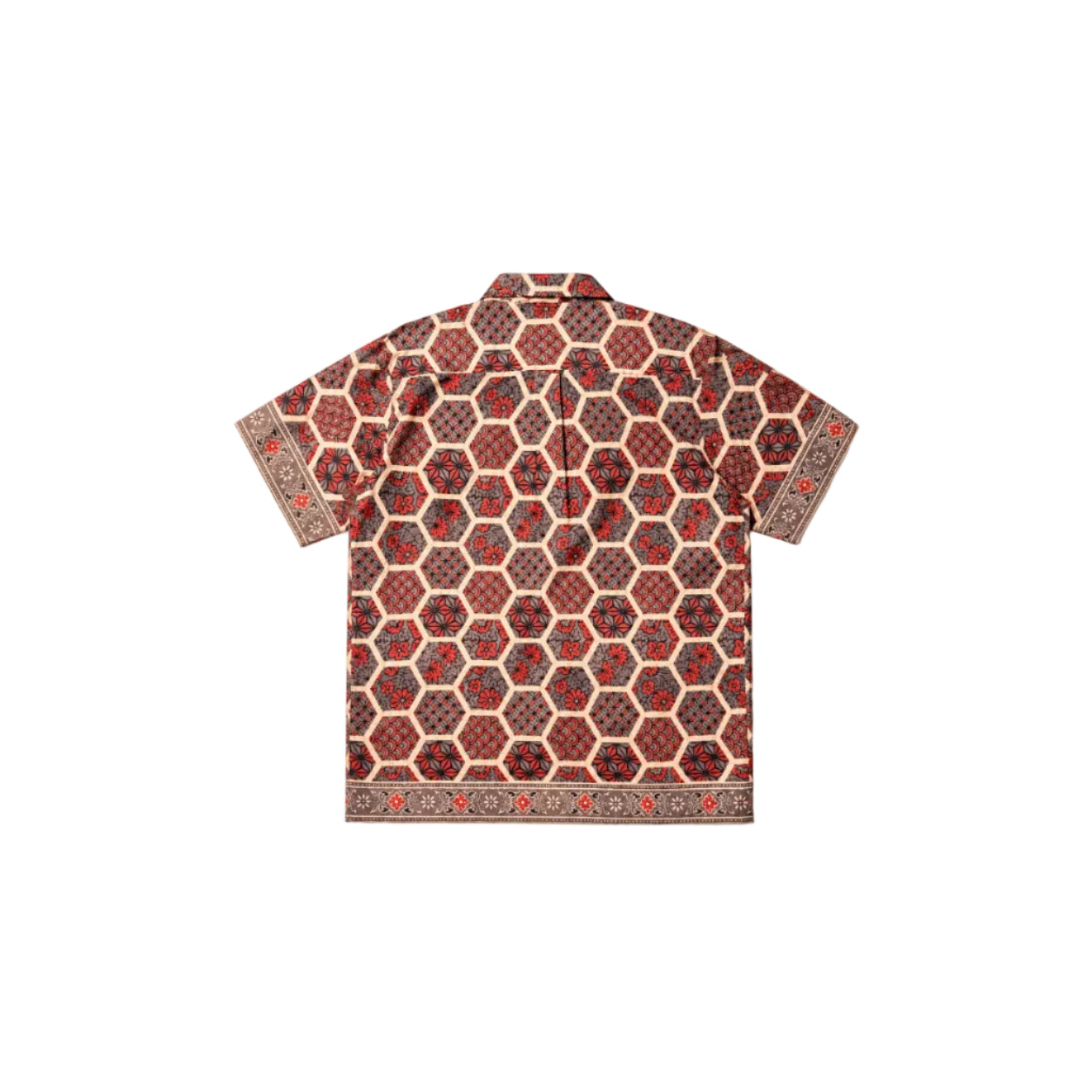A short-sleeve button-up shirt with a detailed geometric and floral pattern in red, black, and beige, displayed flat against a light gray background.
