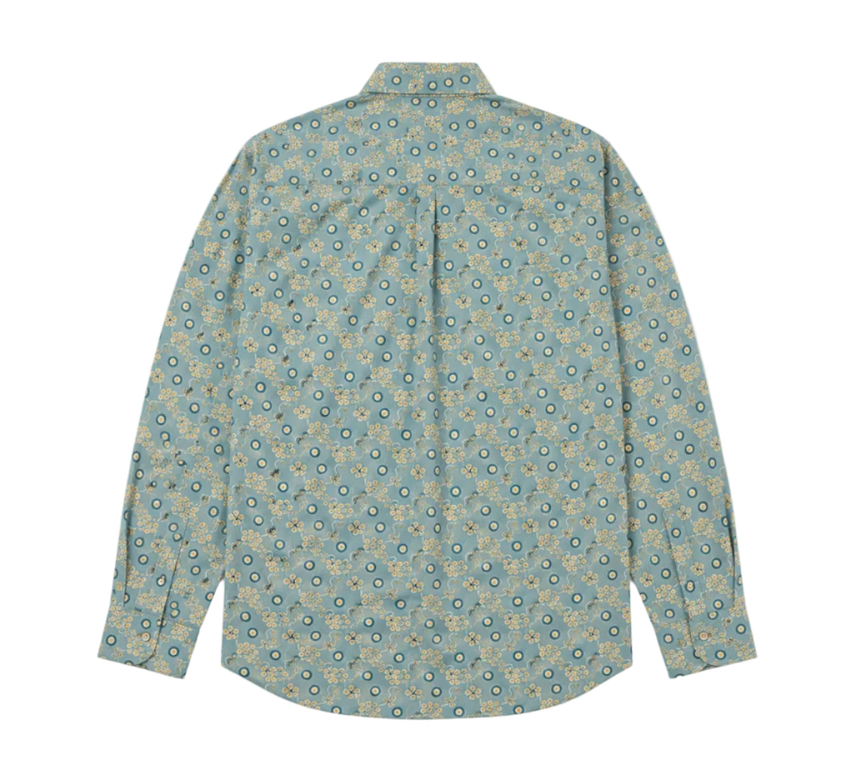 A long-sleeve button-up shirt with a repeating circular medallion pattern in teal, blue, and beige, shown flat against a light gray background.
