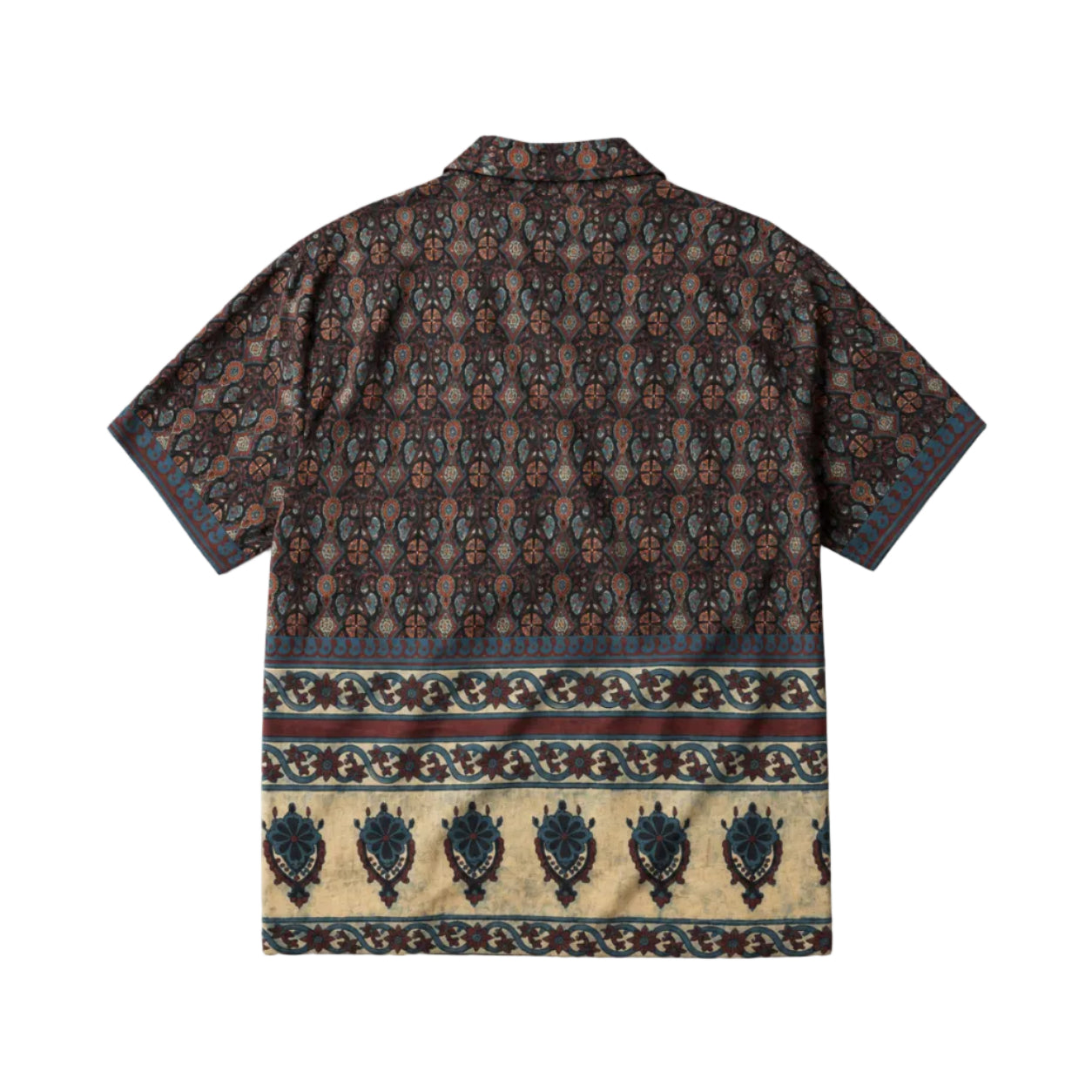 A short-sleeve button-up shirt shown flat against a white background, displaying a dark brown and black ornate pattern with a wide beige border featuring blue and brown motifs at the bottom.