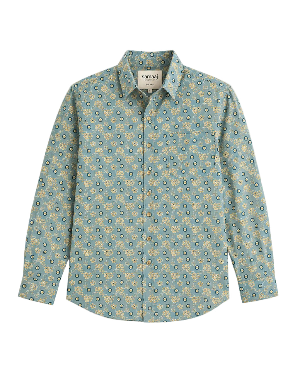 A long-sleeve button-up shirt by Samson with an all-over circular medallion pattern in muted teal, olive green, and beige, laid flat against a white background.