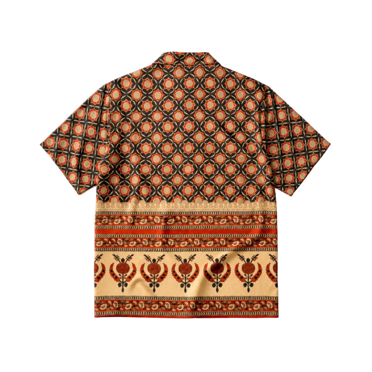 A short-sleeve camp collar shirt with a complex geometric and floral pattern in orange, brown, black, and beige, shown flat against a white background.