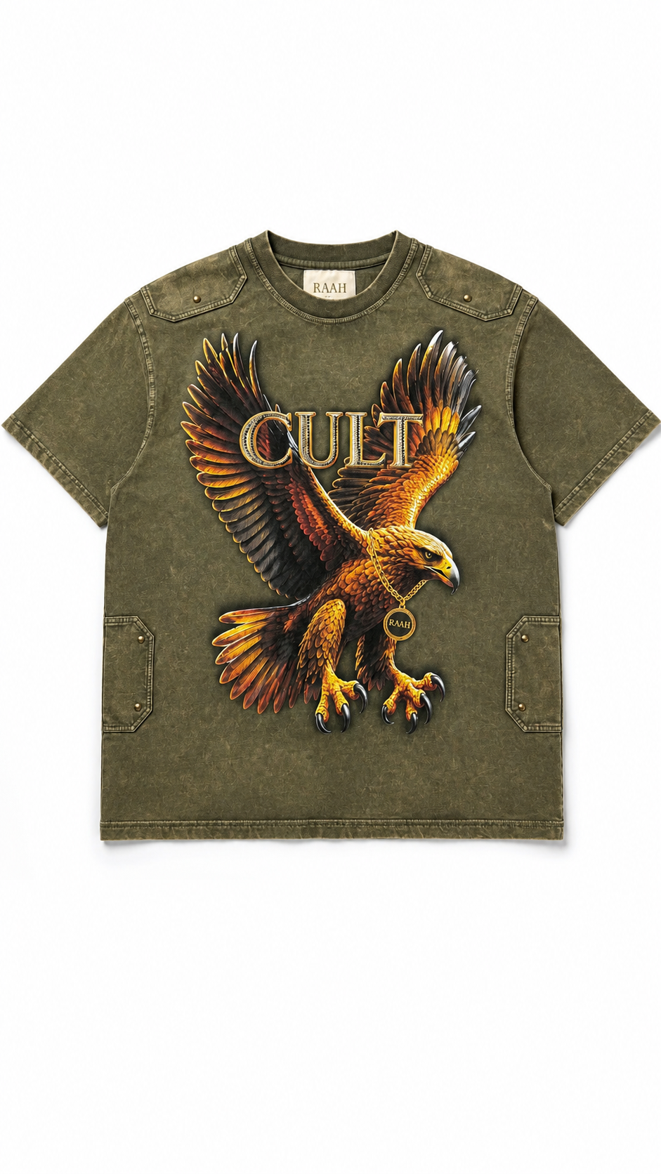 An olive green short-sleeve t-shirt with a large graphic of a golden eagle and the word 'CULT' printed across the chest, displayed flat against a white background.