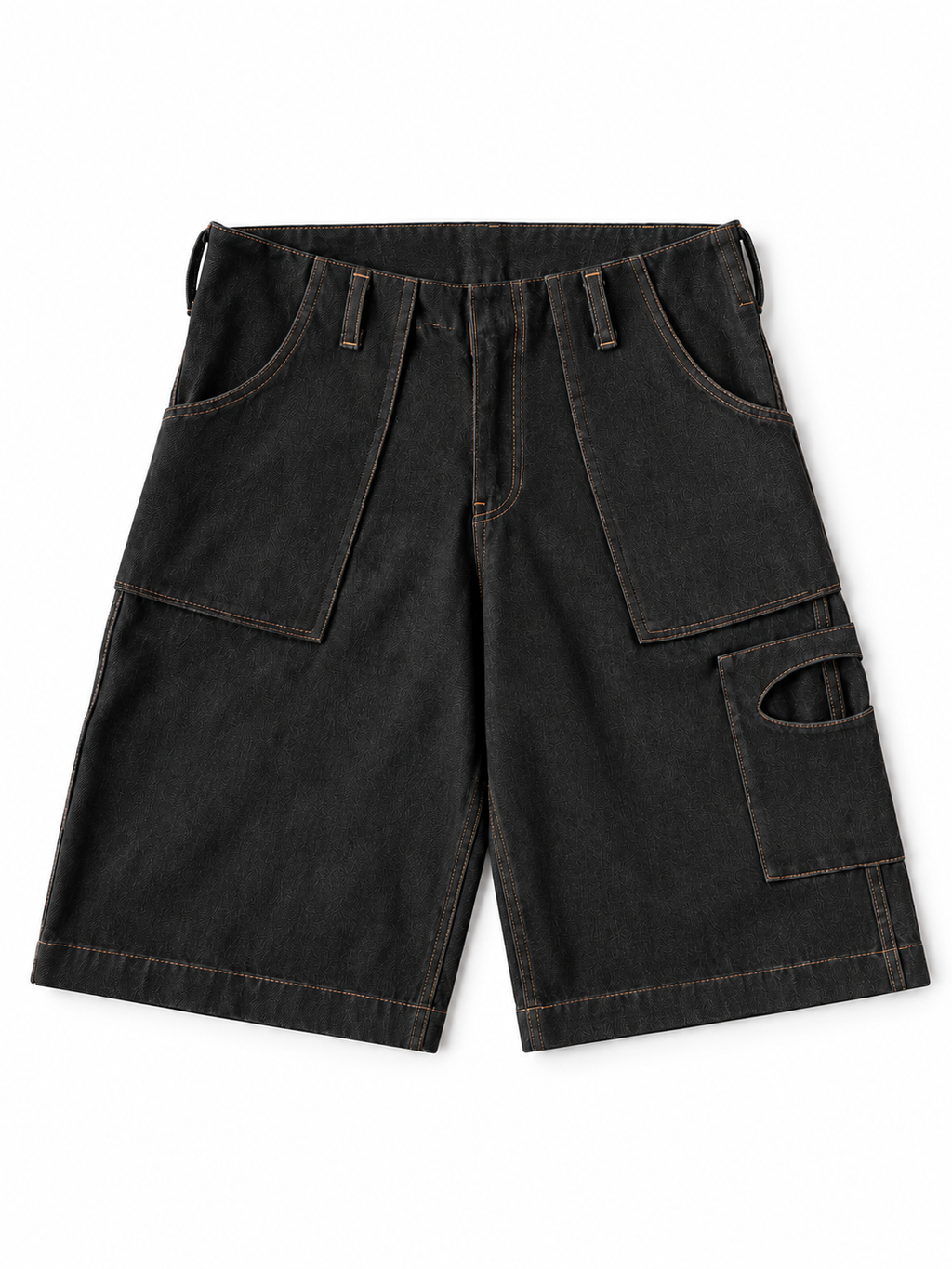 Black washed denim cargo shorts with multiple utility pockets and contrast brown stitching, shown flat on a white background.