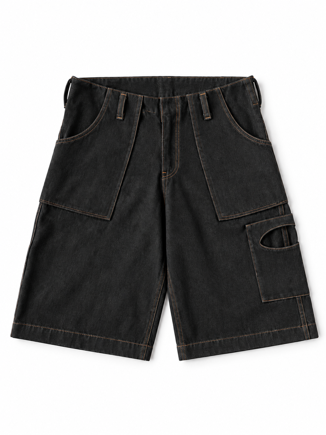 Black washed denim cargo shorts with multiple utility pockets and contrast brown stitching, shown flat on a white background.