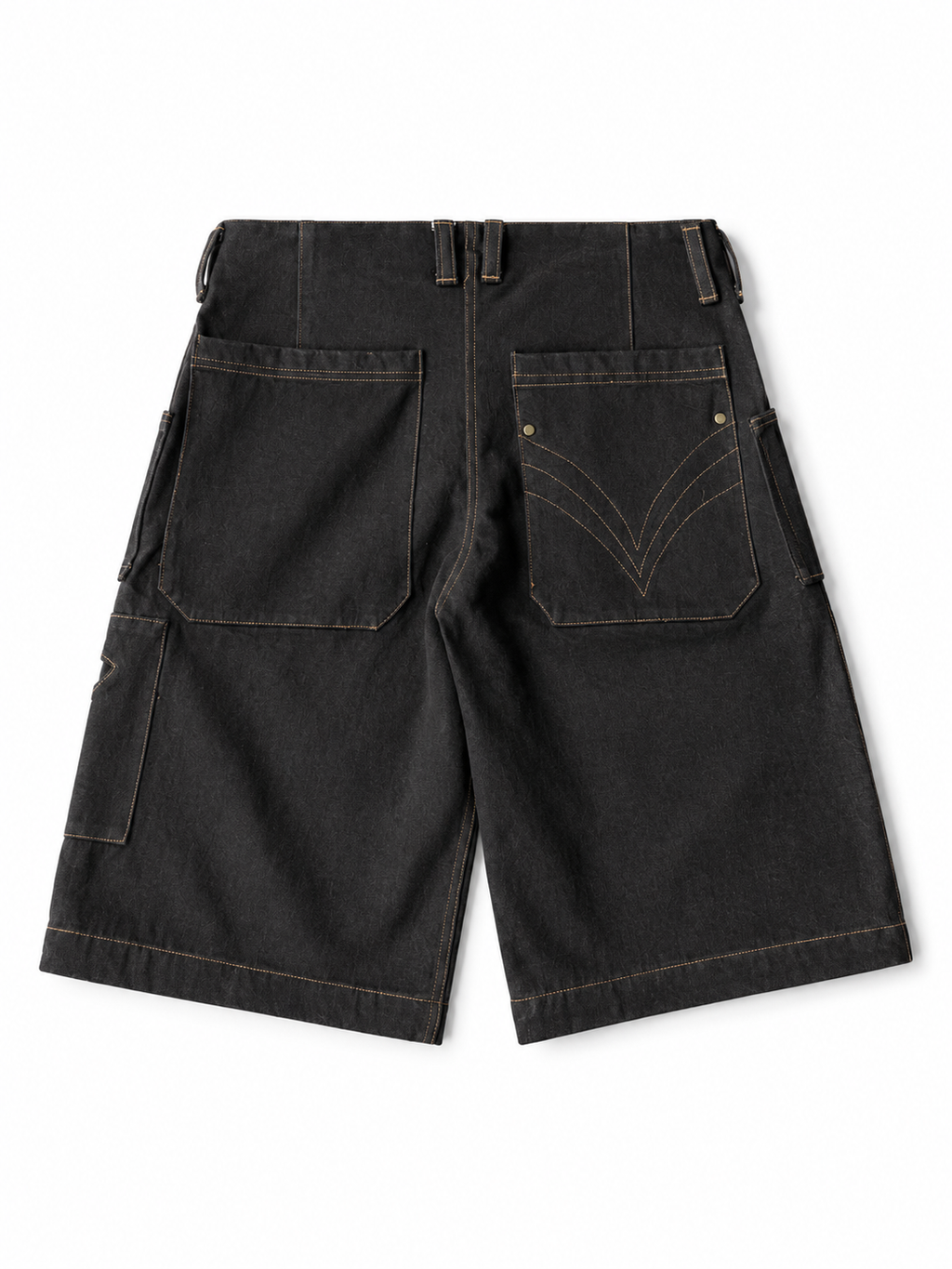 Black denim cargo shorts shown from the back, featuring a high waist, belt loops, and multiple pockets with contrast tan stitching, photographed on a white background.