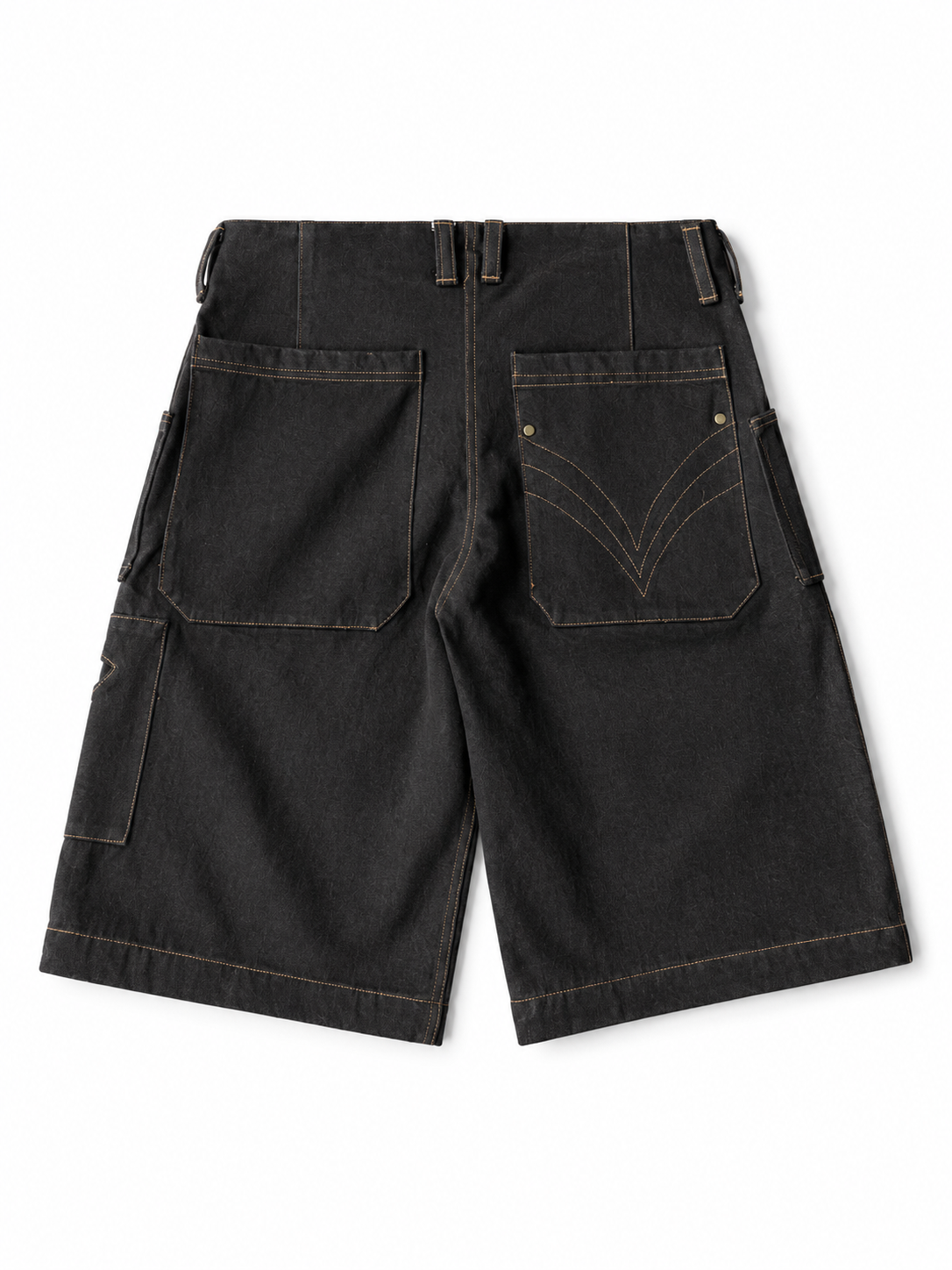 Black denim cargo shorts shown from the back, featuring a high waist, belt loops, and multiple pockets with contrast tan stitching, photographed on a white background.