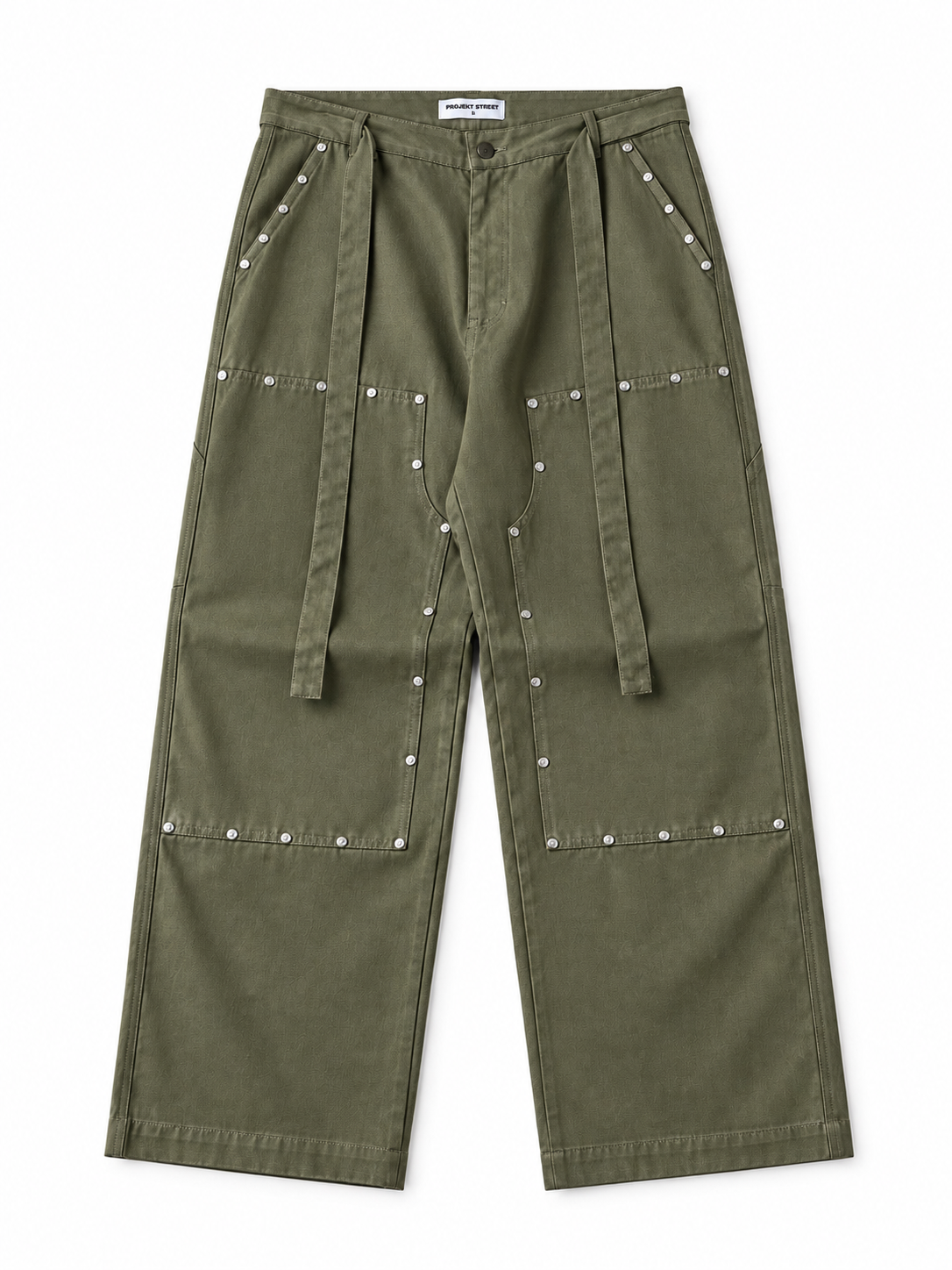 Olive green wide-leg cargo pants with silver metal rivets and tie details, displayed flat against a white background.