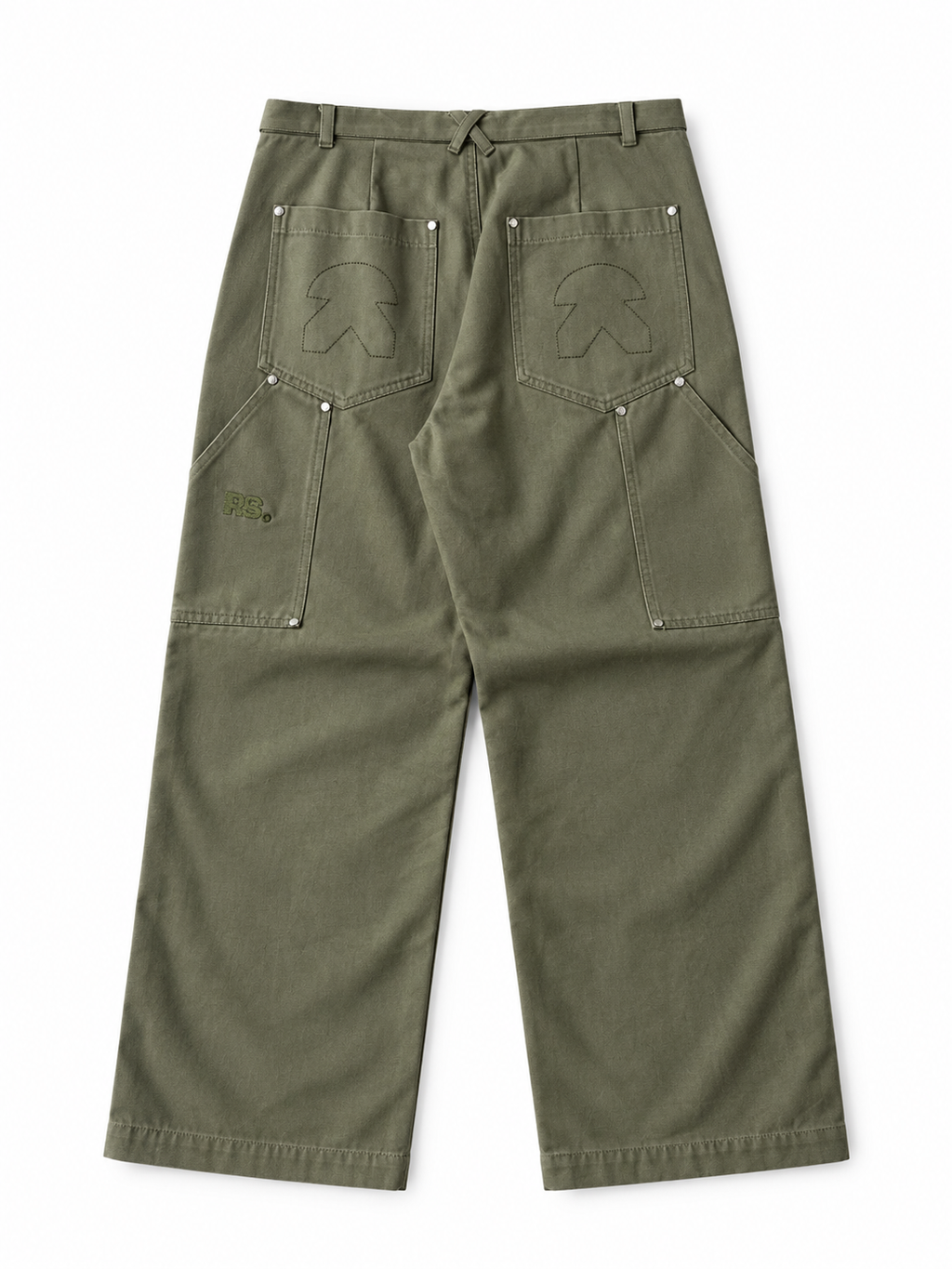 Olive green wide-leg cargo pants shown from the back, featuring large back pockets with mushroom-shaped embroidery and silver rivets, laid flat on a white background.
