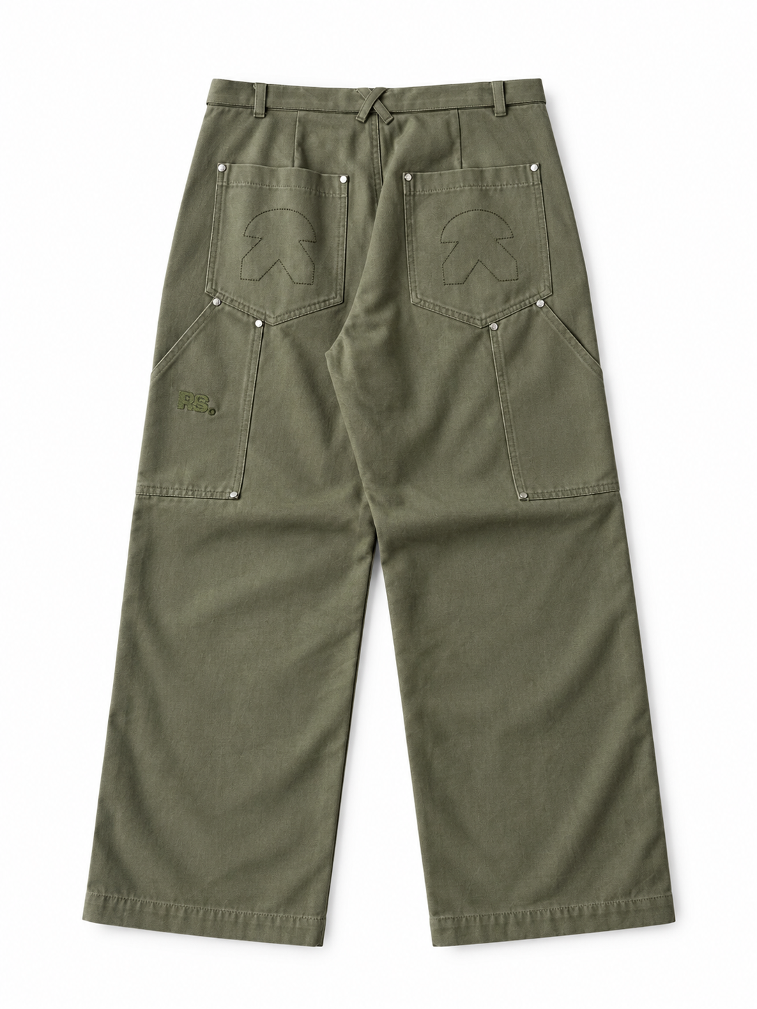 Olive green wide-leg cargo pants shown from the back, featuring large back pockets with mushroom-shaped embroidery and silver rivets, laid flat on a white background.