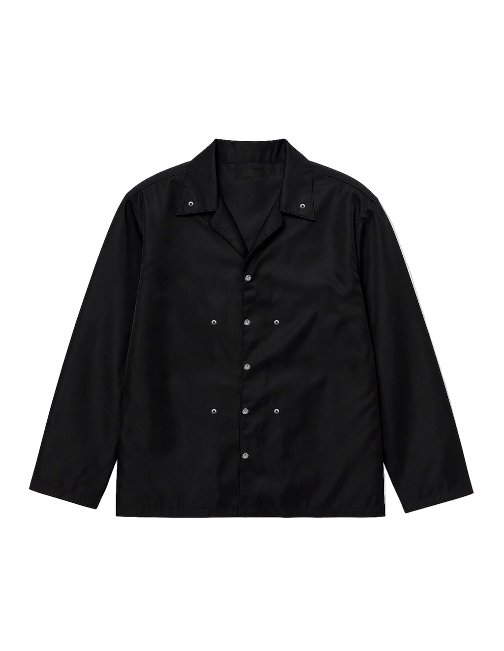 A black long-sleeve utility jacket with a double-breasted snap-button front and a pointed collar, shown flat on a light gray background.