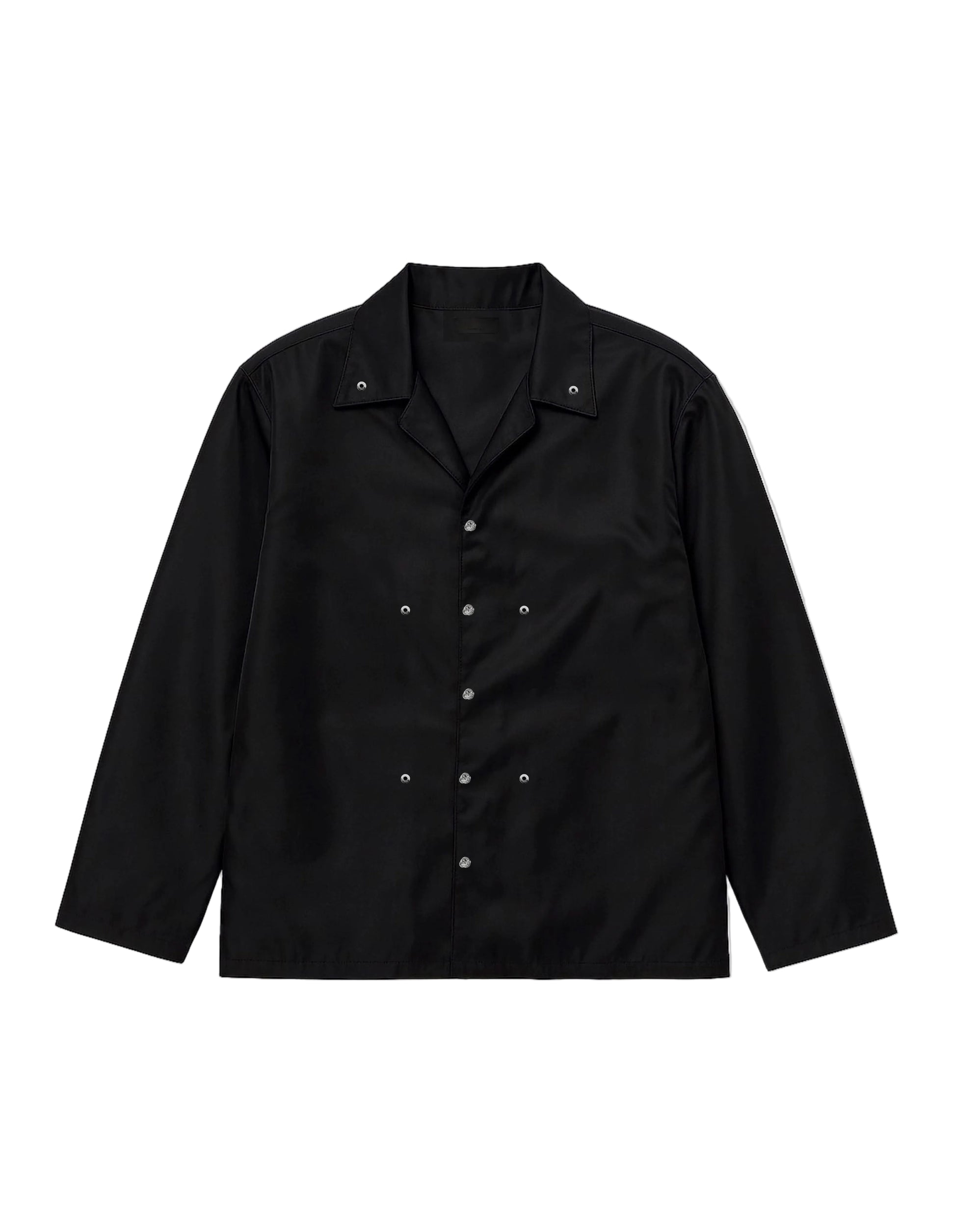 A black long-sleeve utility jacket with a double-breasted snap-button front and a pointed collar, shown flat on a light gray background.