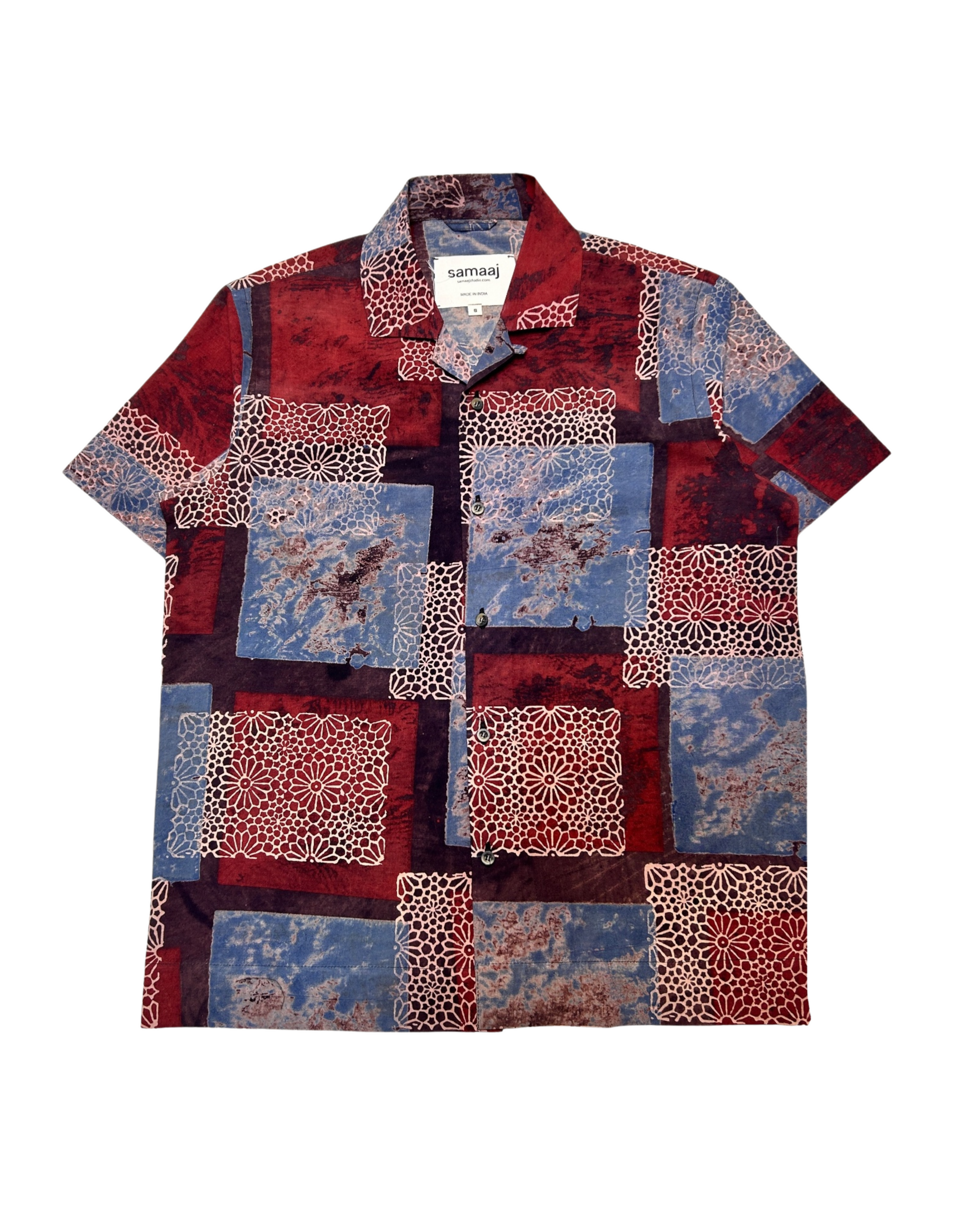 Ajrakh Red Black Floral Shirt, hand-block printed khadi cotton.