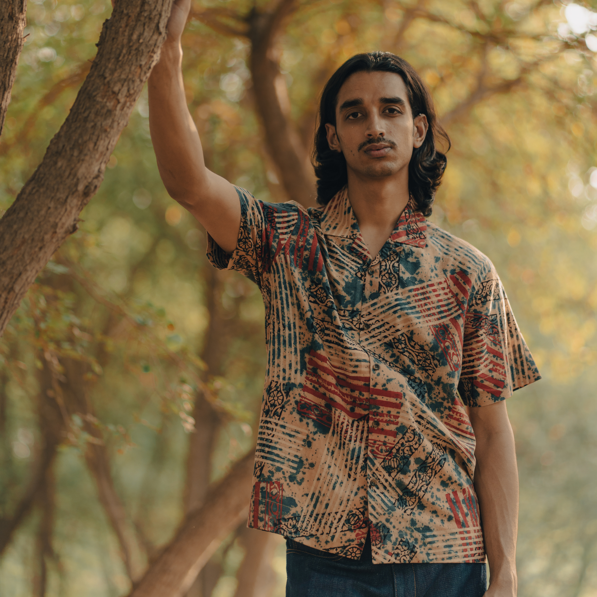 Ajrakh Shirt, showcasing natural beige tones from pomegranate, jaggery, and turmeric.