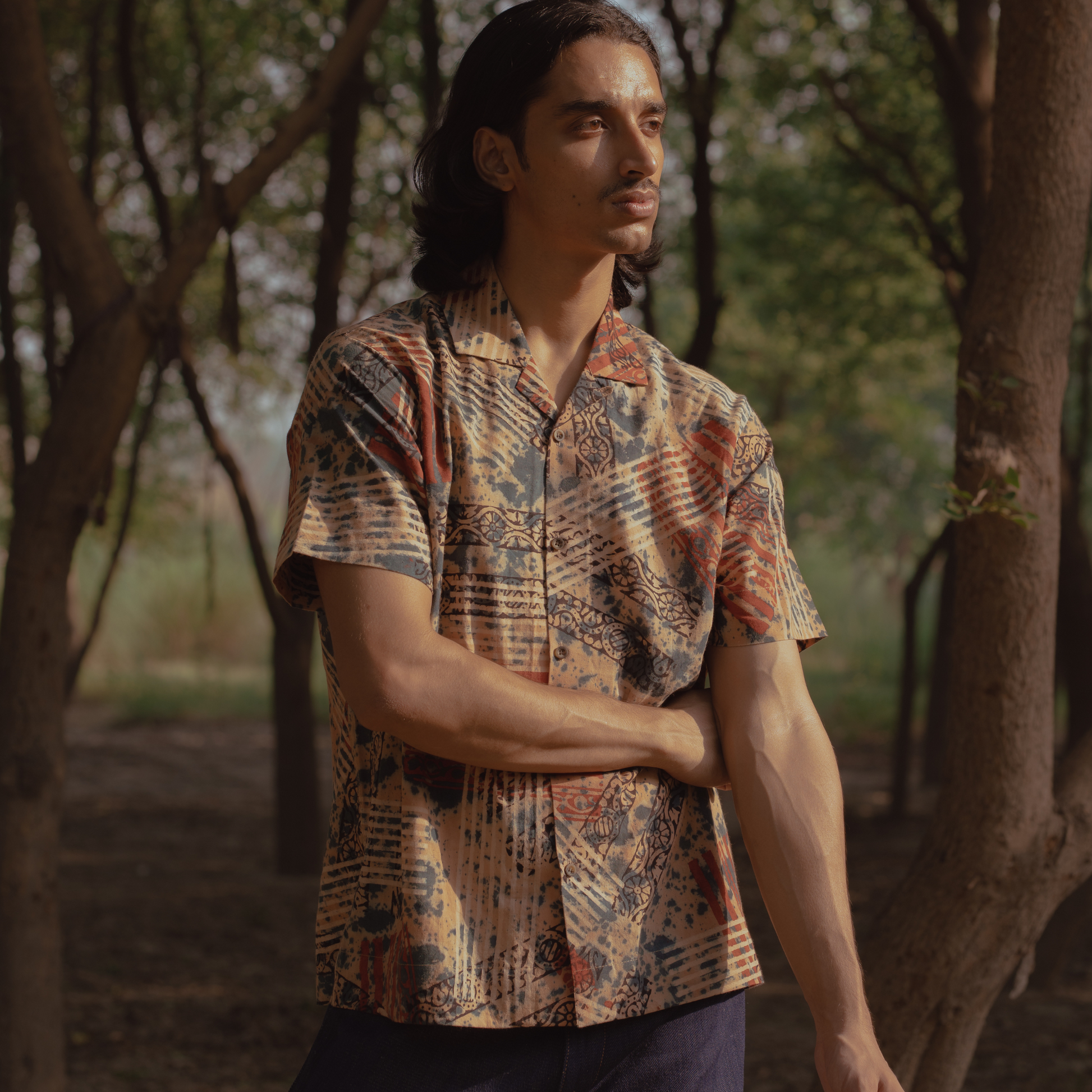 Horn button detail on Ajrakh Beige Stripes Shirt, refined touch.