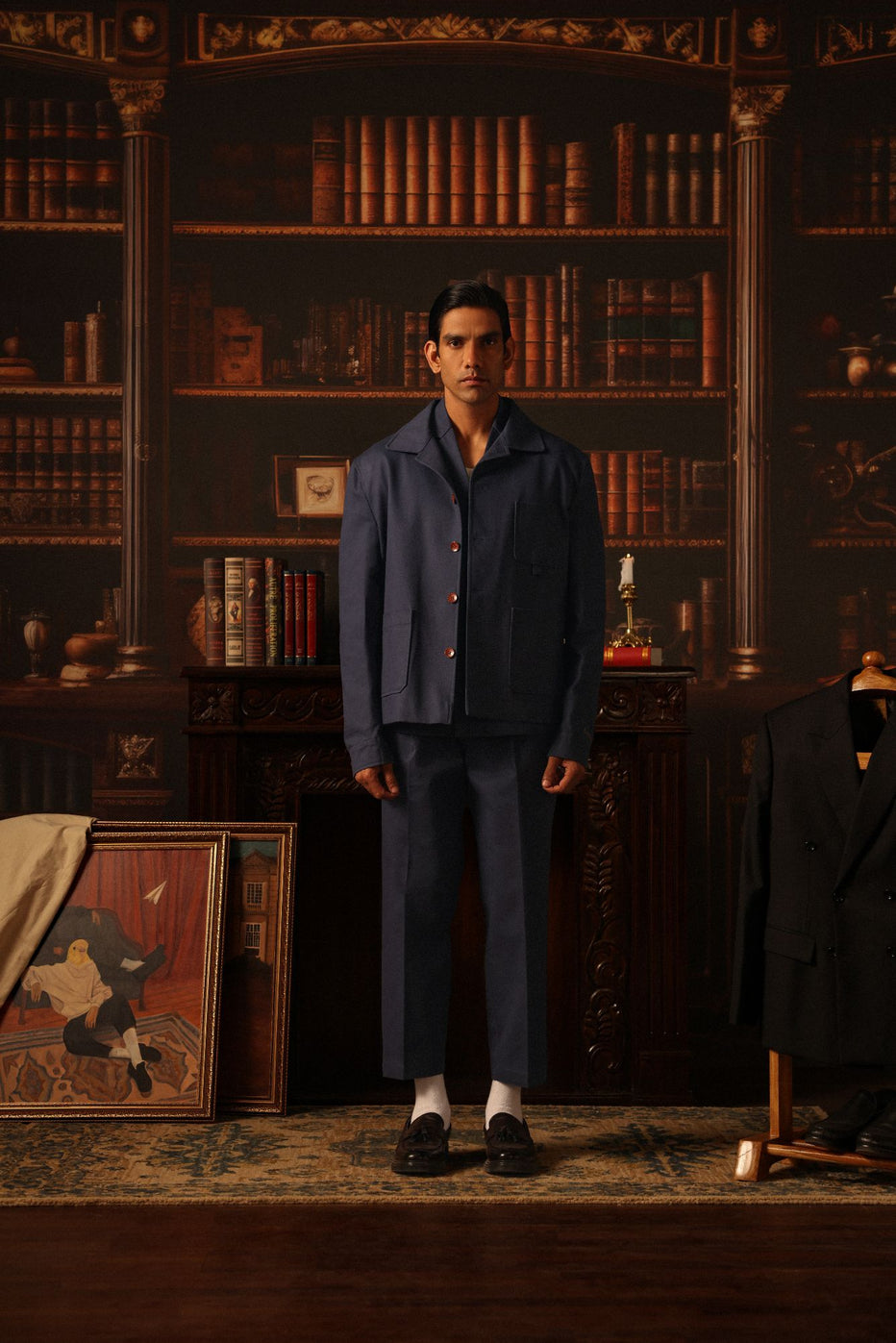 Model wearing the Projekt Street Workwear Jacket - Indigo, showcasing the vintage style.