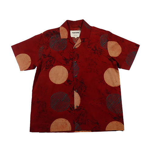 Ajrakh Red Beige Circles shirt, hand-woven khadi cotton.
