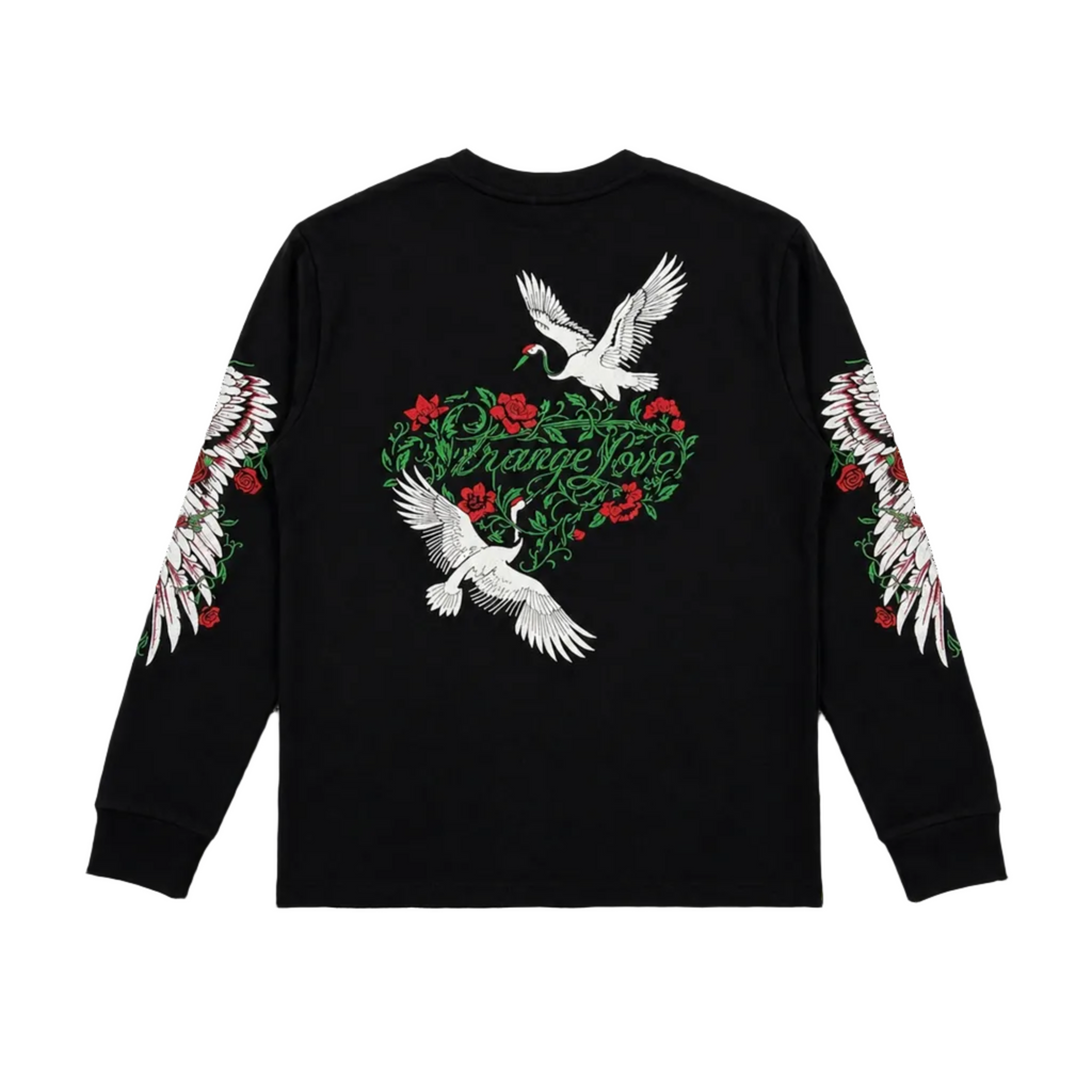 Black long-sleeve shirt with white crane designs and floral patterns on a white background