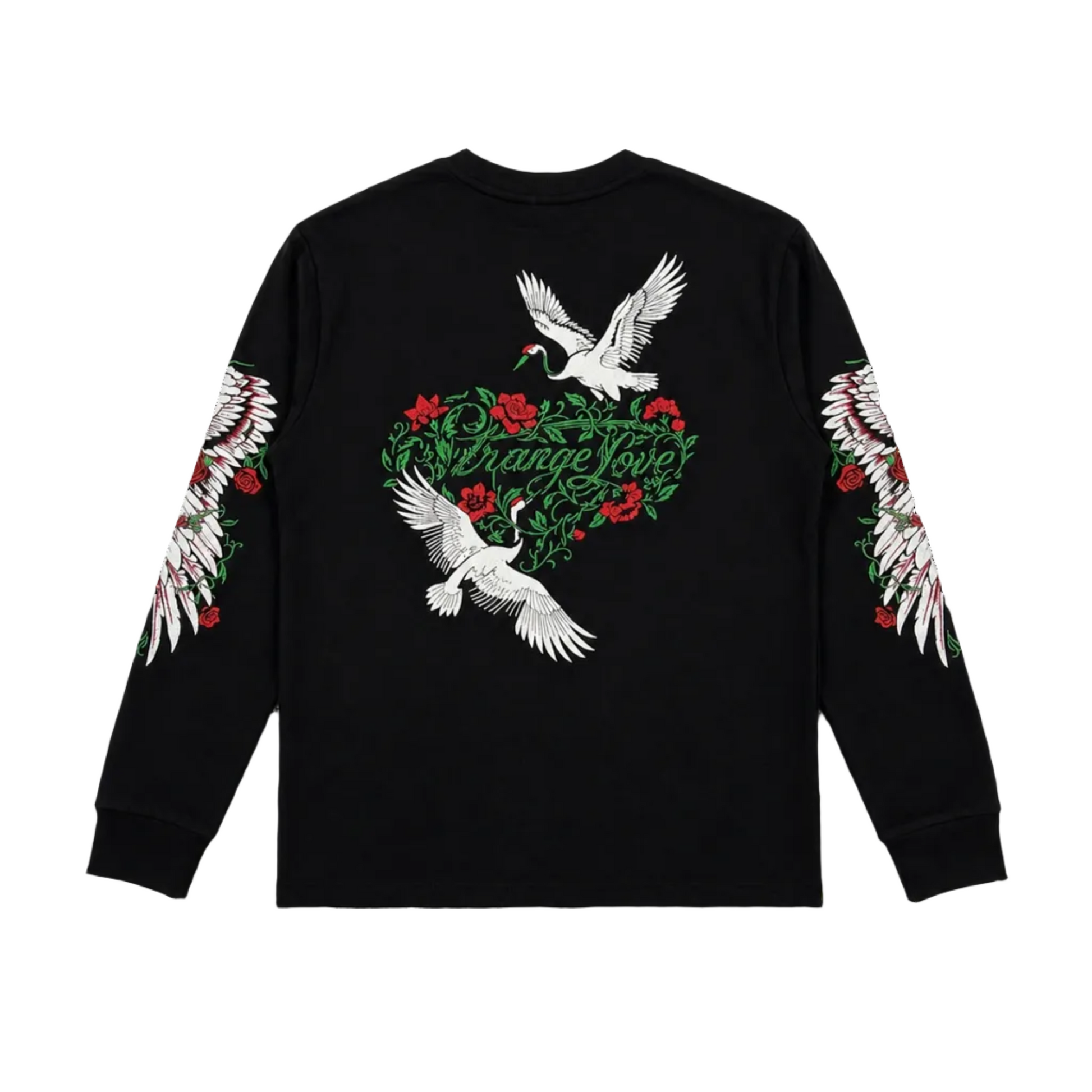 Black long-sleeve shirt with white crane designs and floral patterns on a white background