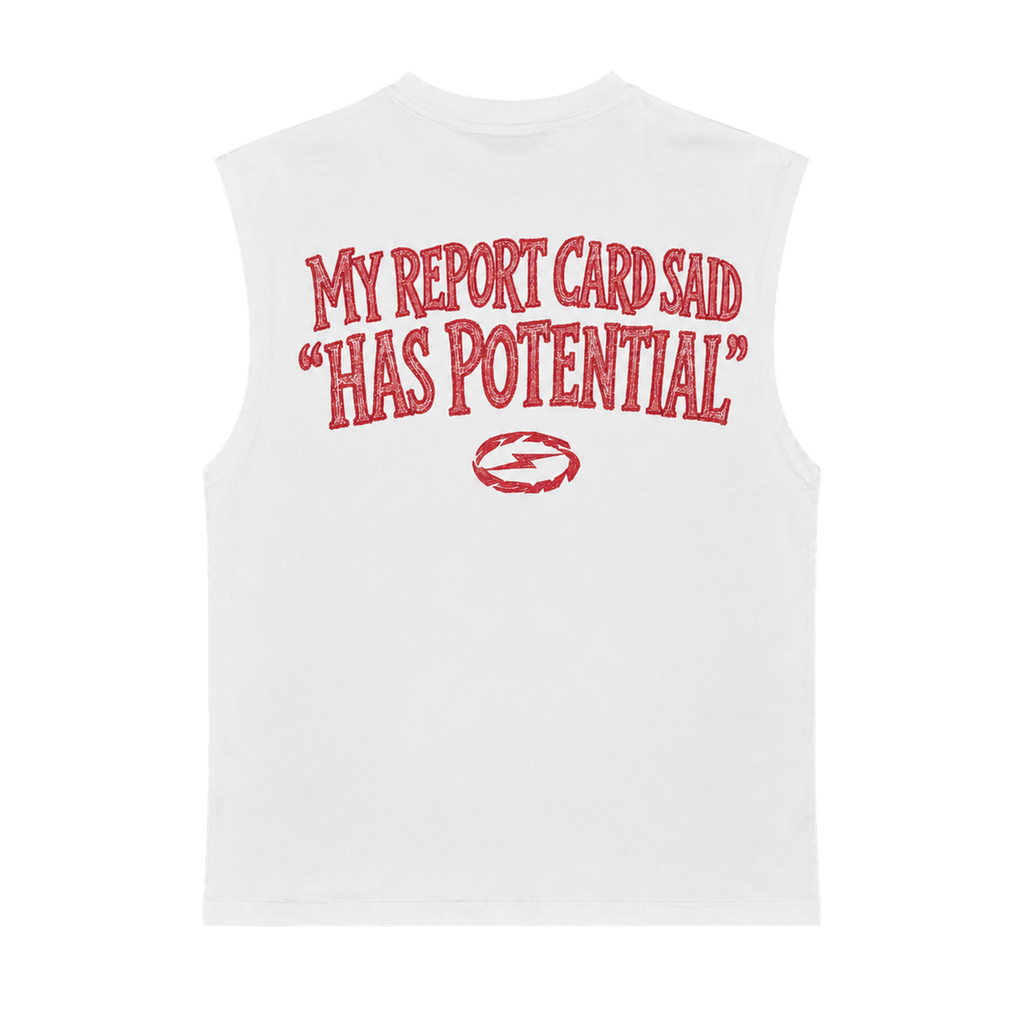 A white sleeveless crop top featuring a red graphic print on the front that reads 'MY REPORT CARD SAID "HAS POTENTIAL"' above a small red circular logo, shown against a plain white background.