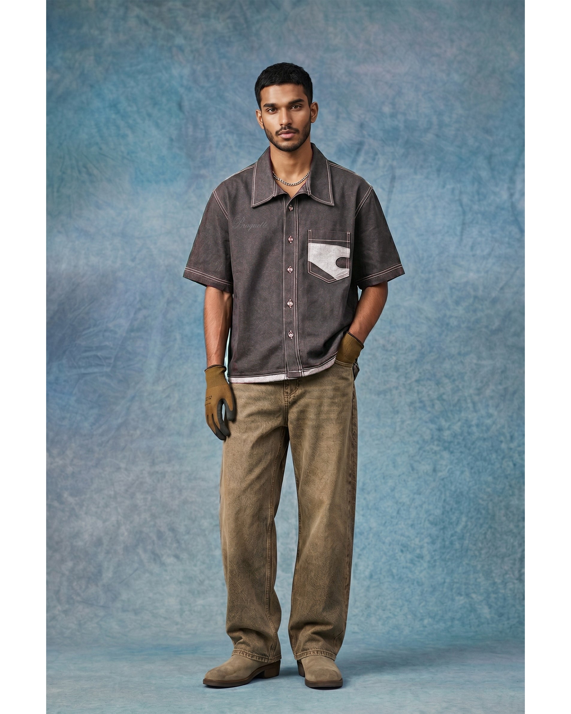 Cut Line Patch Denim Shirt