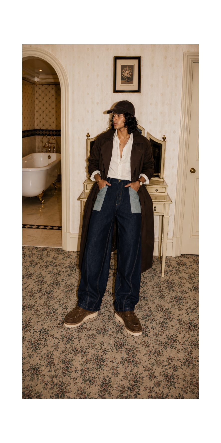 A person stands in an ornate indoor room wearing a long dark brown coat over a white shirt and dark wide-leg jeans with light blue patch pockets, plus brown shoes and a black cap.