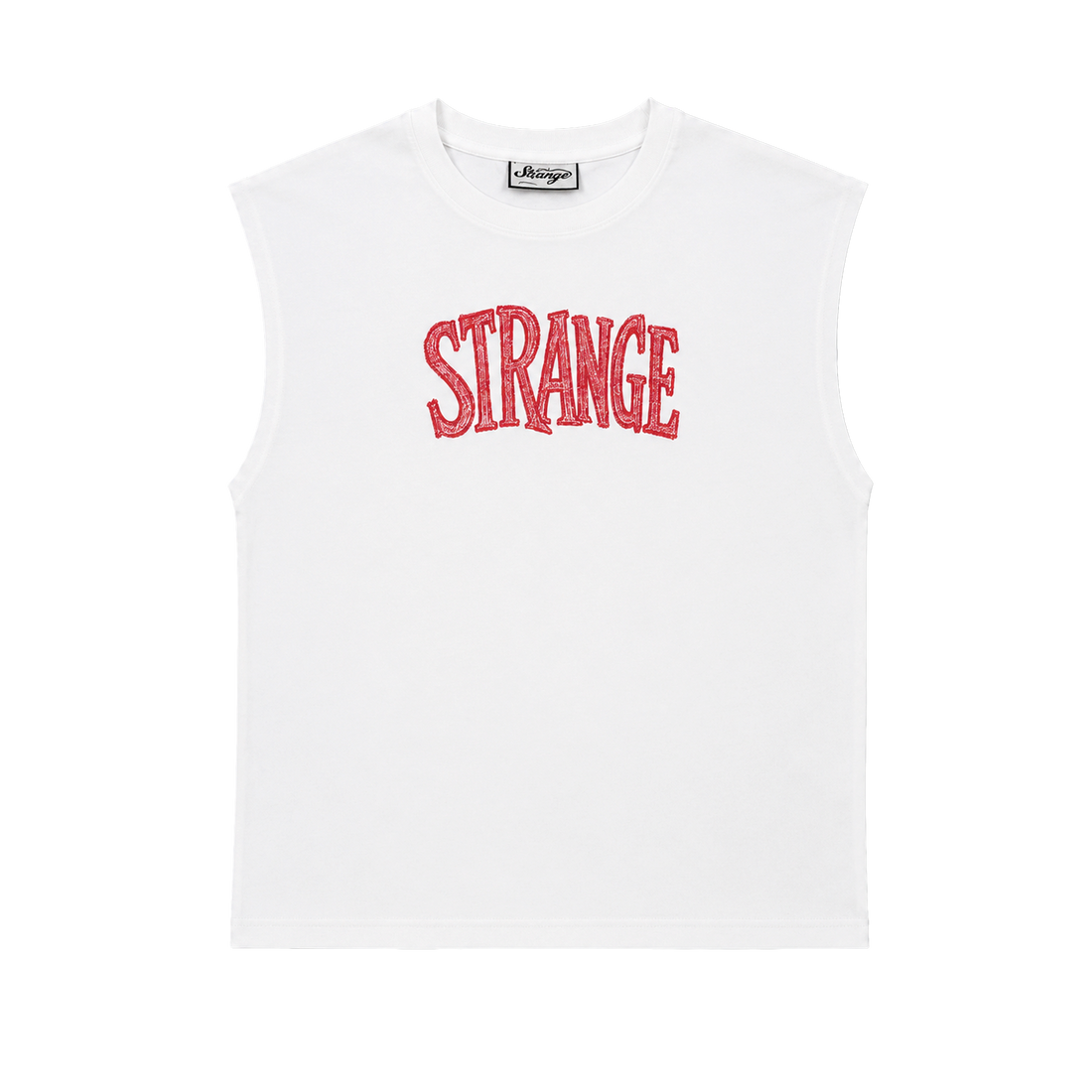 A white sleeveless crop top with the word 'STRANGE' printed across the chest in a textured red font, shown on a plain white background.