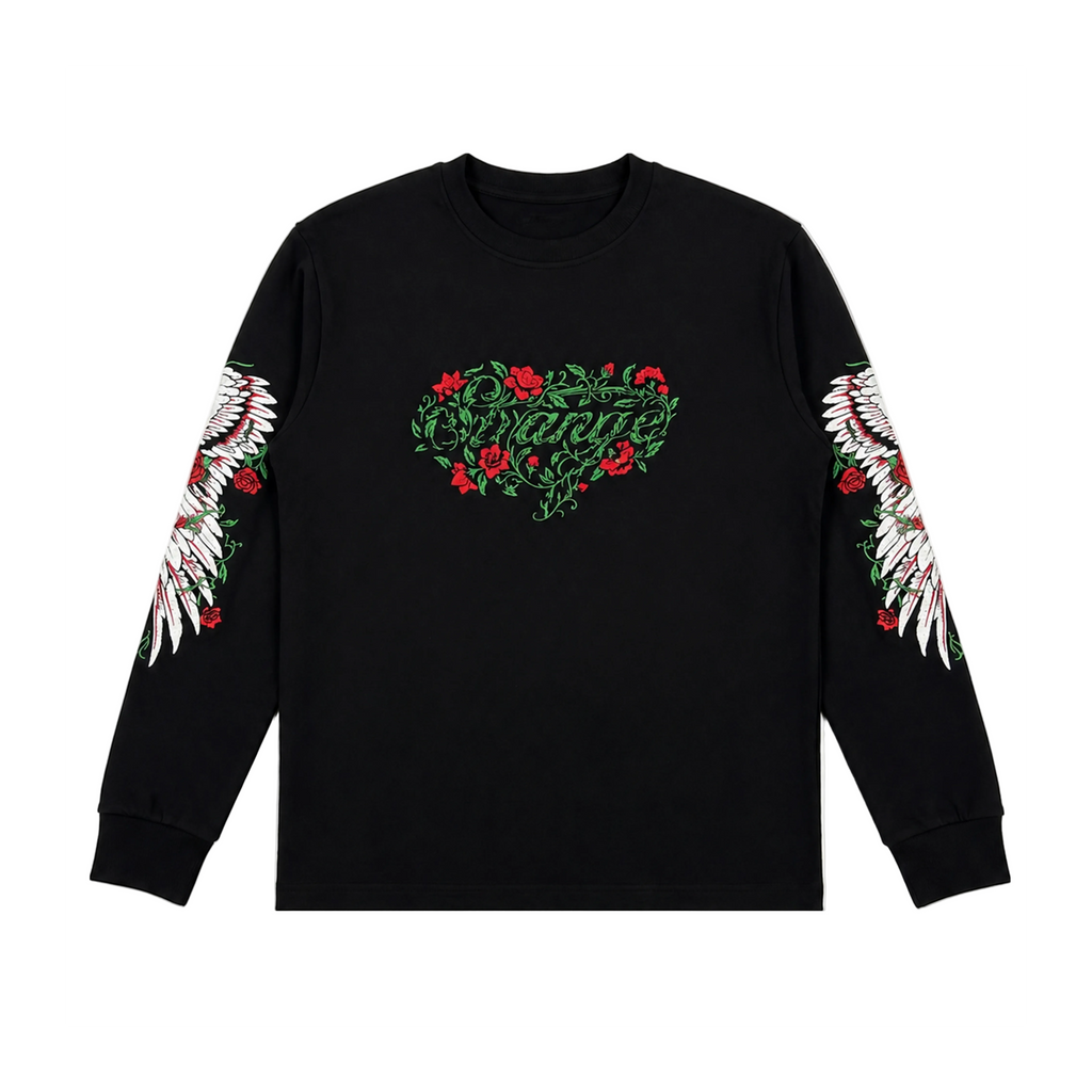 Black long-sleeve shirt with floral design and wings on sleeves against a white background