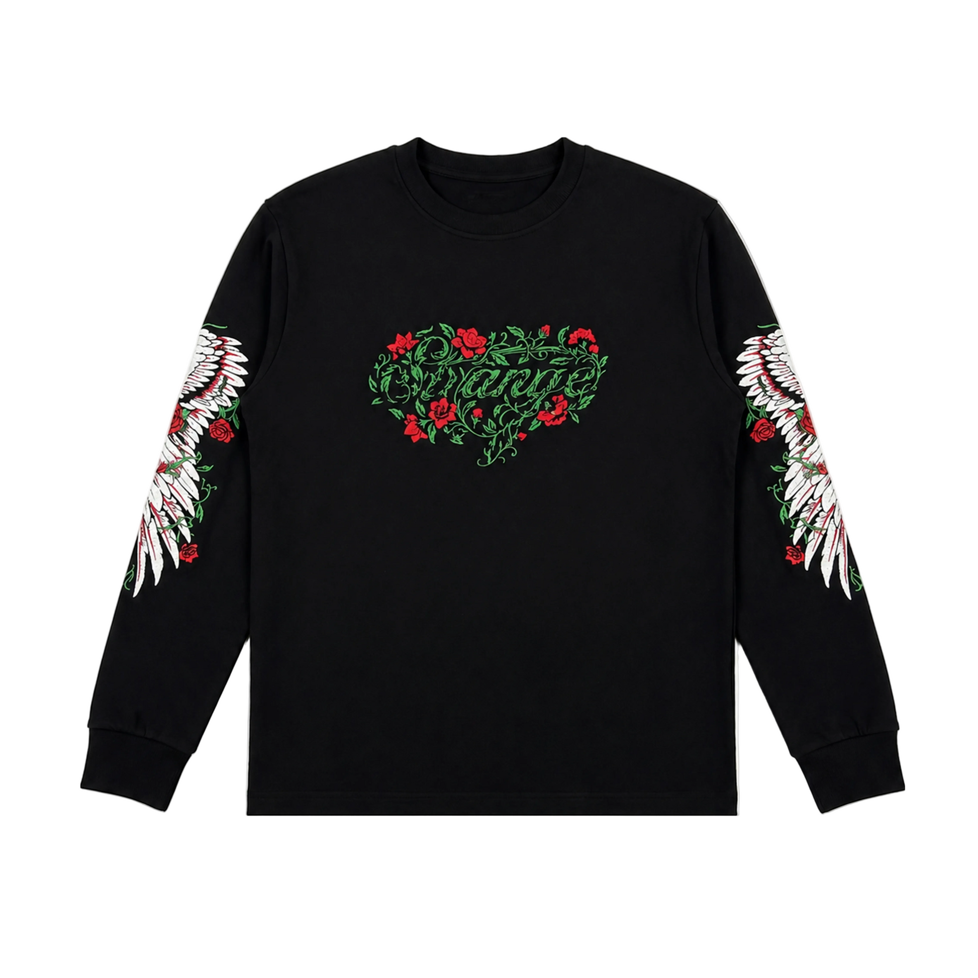 Black long-sleeve shirt with floral design and wings on sleeves against a white background
