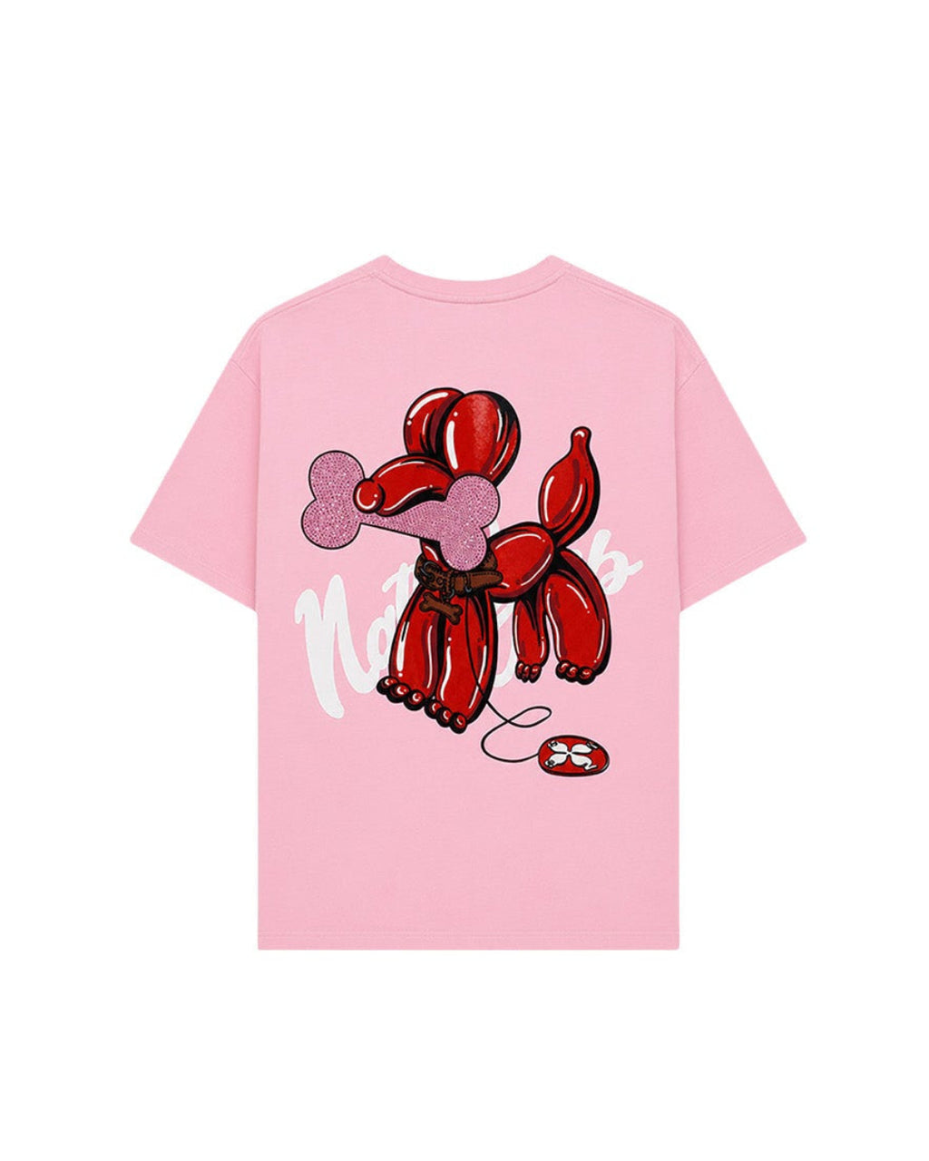 A light pink short-sleeve t-shirt featuring a graphic print of a red balloon dog with a pink bone and a small red-and-white pretzel on a white background.