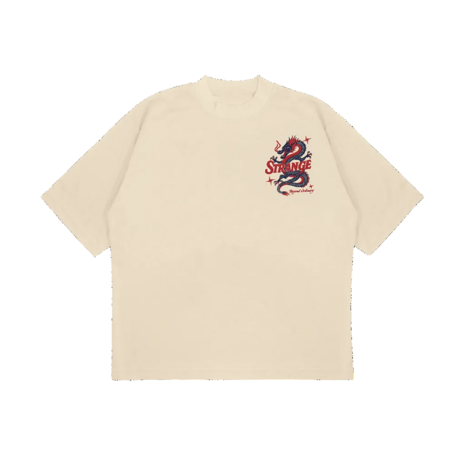 Beige t-shirt with a red and blue graphic design on a white background